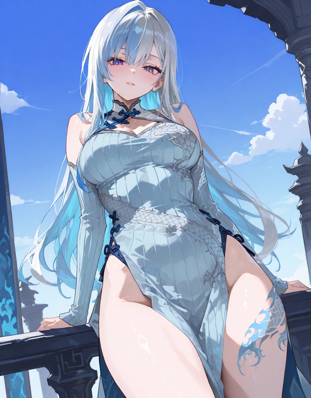 official art, masterpiece, sharp focus, (beautiful gorgeous cute Korean woman:1.3), (beautiful cute korean:1.3), korean beauty, Delicate and beautiful hair and eyes and face, realistic, ultra detailed, beautiful girl, blue sky, glow white particle, (sidelighting:1.2), sun light, white cloud, detailed clouds, slender, Lovely very large breasts and very large hips, smile with teeth, ((smile with eyes, open both eyes)), scenery, long straight hair, sexy facial expression, building, (cityscape:1.7), dynamic hair, long straight hair, detailed very white pink hair, blue eyes, lingerie, black thighhighs, full body, pale skin, hair ornament, epic scenery,