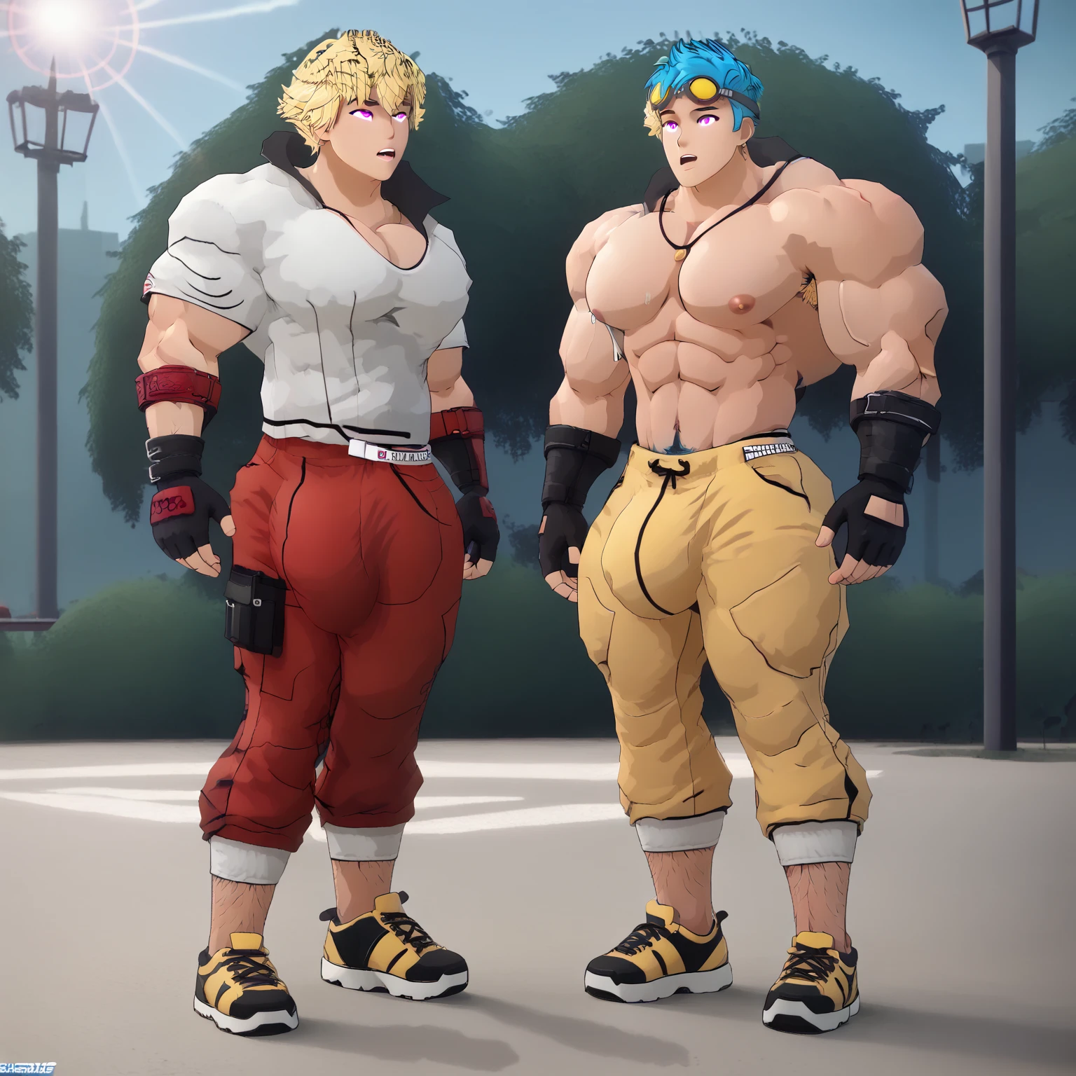 Anime-Stil , High quality full body image of Goku, 16yests old, as a bodybuilder;er ist alleine, Ich trage nur einen Tanga , ohne Schuhe, feet, bare feet, massive muscular body, huge muscular shoulders, Massive big biceps, Venen im Bizeps, Muskelbeine, massive muscular abs, Bizepsflex. posierend, Sie schwitzt, very muscular, The toned body shines in the light, im Gym, kickboxing