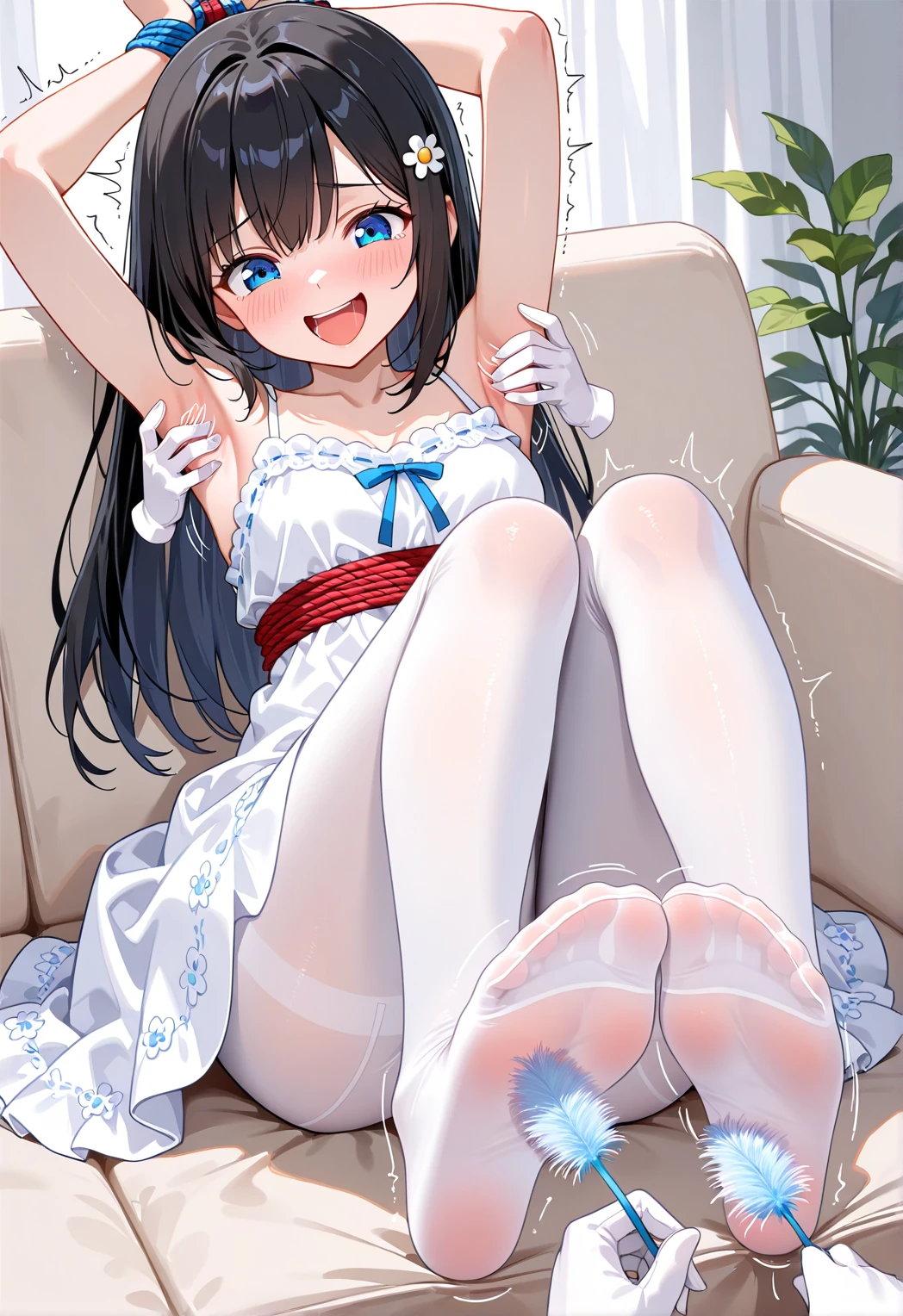 Long wavy dark hair with bangs ((looks like 20yr old Bettie Paige)), bangs hair, (( 20 yrs old female))) with a much younger (teen) handsome male wearing typical teenager male clothing, babe with fitted short black a-line flare dress, (((female wears skimpy dress with black ultra sheer high gloss pantyhose))), sitting on floor with her legs open wide, couple sits by a Christmas tree and he lifts her skirt, legs are open exposing her seamless pantyhose crotch, male caresses her, he fondles her touching her pantyhose crotch, she wears no shoes exposing her cute pantyhose feet, she sits on a clothed male and puts her pantyhose feet on his face, femdom, UHD