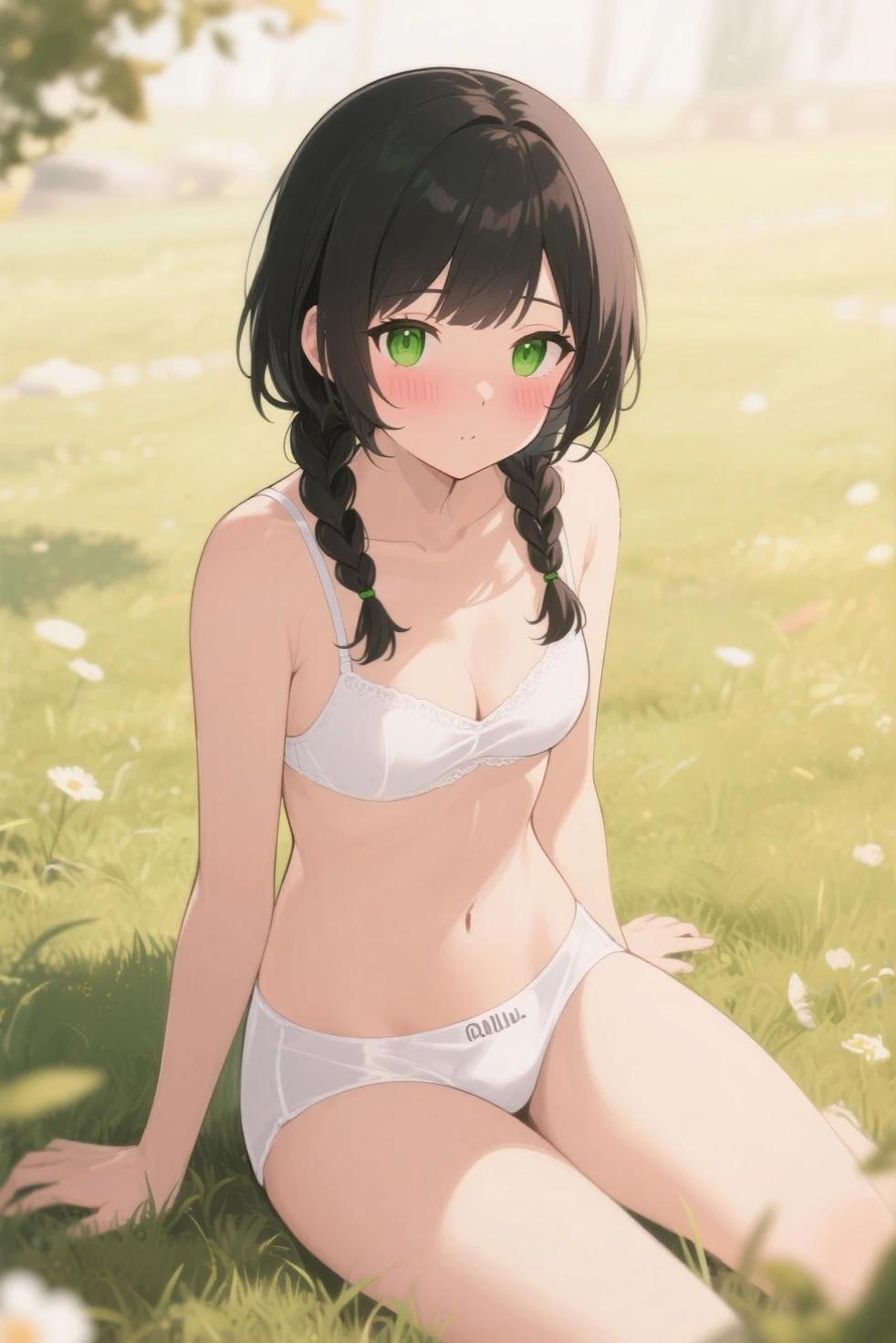 1girl, low twintail black hair, ((white bra and panties)), bare thighs, randoseru, BREAK, standing, troubled eyebrows, blush, wavy mouth, looking at viewer, head tilt, zettai ryouiki, front view, background detailed darkness forest, (sunlight filtering through trees), daytime, BREAK, (masterpiece:1.2),(best quality:1.2),newest, intricate details, ai-generated, anime screencap, absurdres, highres, beautiful detailed face, extremely beautiful clearly eyes, high resolution, nice hands, perfect hands
