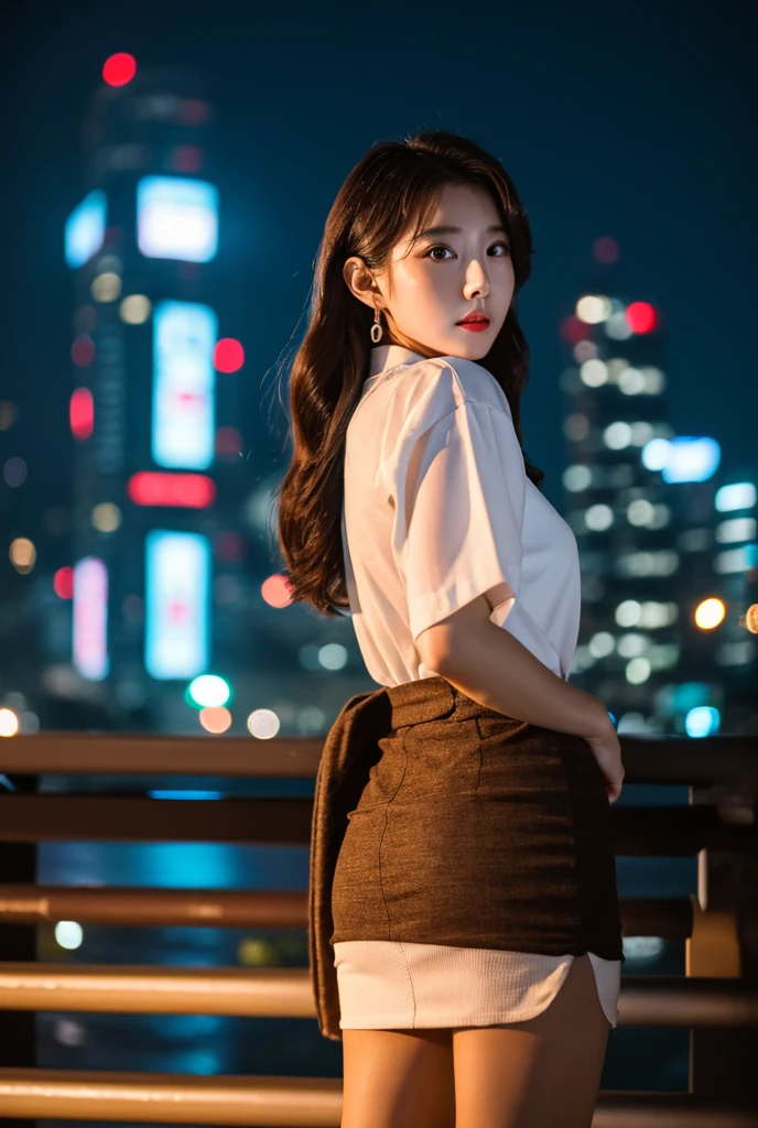 (8k, RAW photo, best quality, masterpiece:1.4), ultra high res, (realistic, photo-realistic:1.48),omertosa,1girl,(Kpop idol), (aegyo sal:1),cute, (super bokeh night city center:1.25), bokeh, night, traffic lights, road sign, rain, after rain, wet, professional lighting, detailed lighting, photon mapping, radiosity, physically-based rendering,Black pantyhosebloom, backlighting, depth of field, natural lighting, hard focus, film grain, one meter shooting distance, professional photoshoot, photographed with a Sony a9 II Mirrorless Camera, detailed eyes, realistic eyes, detailed shadow, looking at viewer, dog ears, detailed lighting, skirt, black skirt, thighhighs, black thighhighs, (detailed hair, realistic hair, realistic lighting, realistic shadow, realistic outfit), realistic skin, (gun on waist:1), realistic reflection of light from above, ((arms behind back)),(hands behind),tube top,sexy