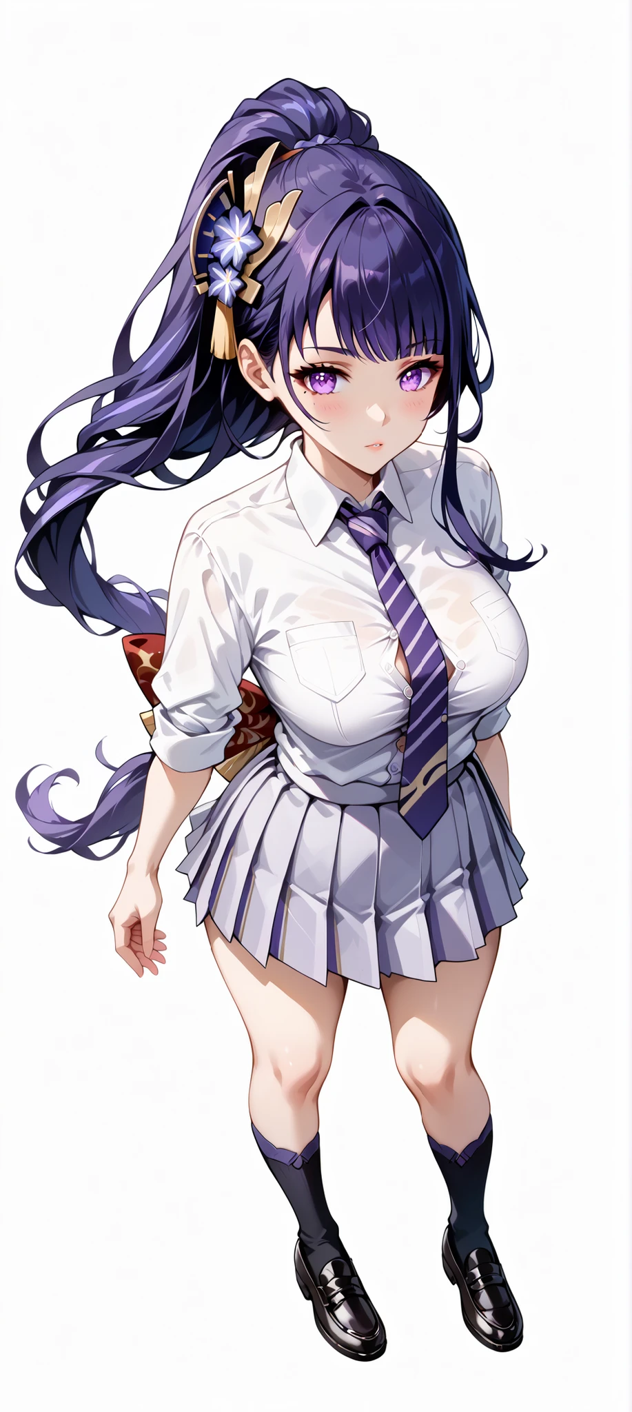 score_9, score_8_up, score_7_up, source_anime, 4K,perfect fingers,(perfect hands, perfect anatomy),prefect lighting, very aesthetic, intricate details,highly detailed background, masterpiece, high quality, best quality,
raidenshogun, raiden shogun, ((ponytail hair:1.5)), hair flower, hair ornament, long hair, mole, mole under eye, purple eyes, purple flower, purple hair, large breasts,,
wearing ((school uniform, tie, black socks, black shoes, short pleated skirt, button-up top, )),,
((White plain background:1.5)) ,((sexy curvy body)), POV, close shot, ((from the front:1.2)), standing, full body,