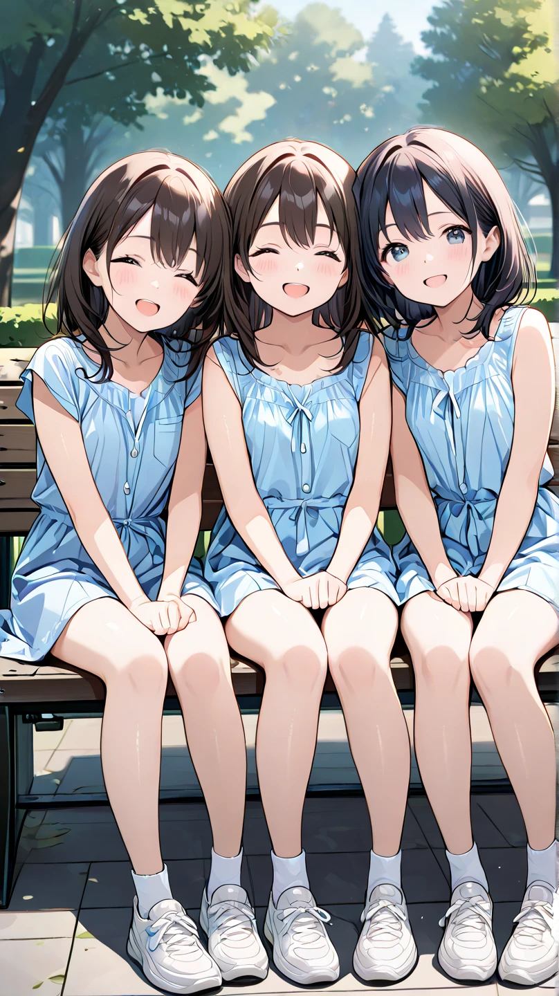 Four girls were sitting on the stone steps, take a full body photo、she was wearing a short sweatshirt, Vans sneakers, Red checked skirt、white sneakers, black hair, detached house, flowers, Big eyes, long eyelashes, full body display、detailed private parts、Hairless、detailed female genitalia、spread legs、from directly below、I can see white panties,