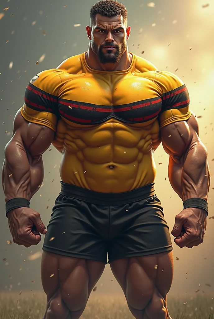 A black muscular men with black trousers and no shirts on, character putting on black sneaker, a black and yellow mask on the character face, black panther, character holding golden Axe on his left hand like Thor, a black Barrette  cap🎓 on the character head, buildings with lights on a bright night with shining stars,