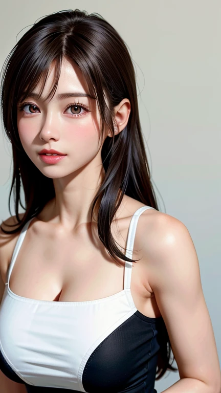 Close-up of a policewoman, big, Open V-neck dress, Low cut tank top, Larger breasts, In the sun、sexy、8K、Long Hair, Cleavage, Low cut top, Tight clothing