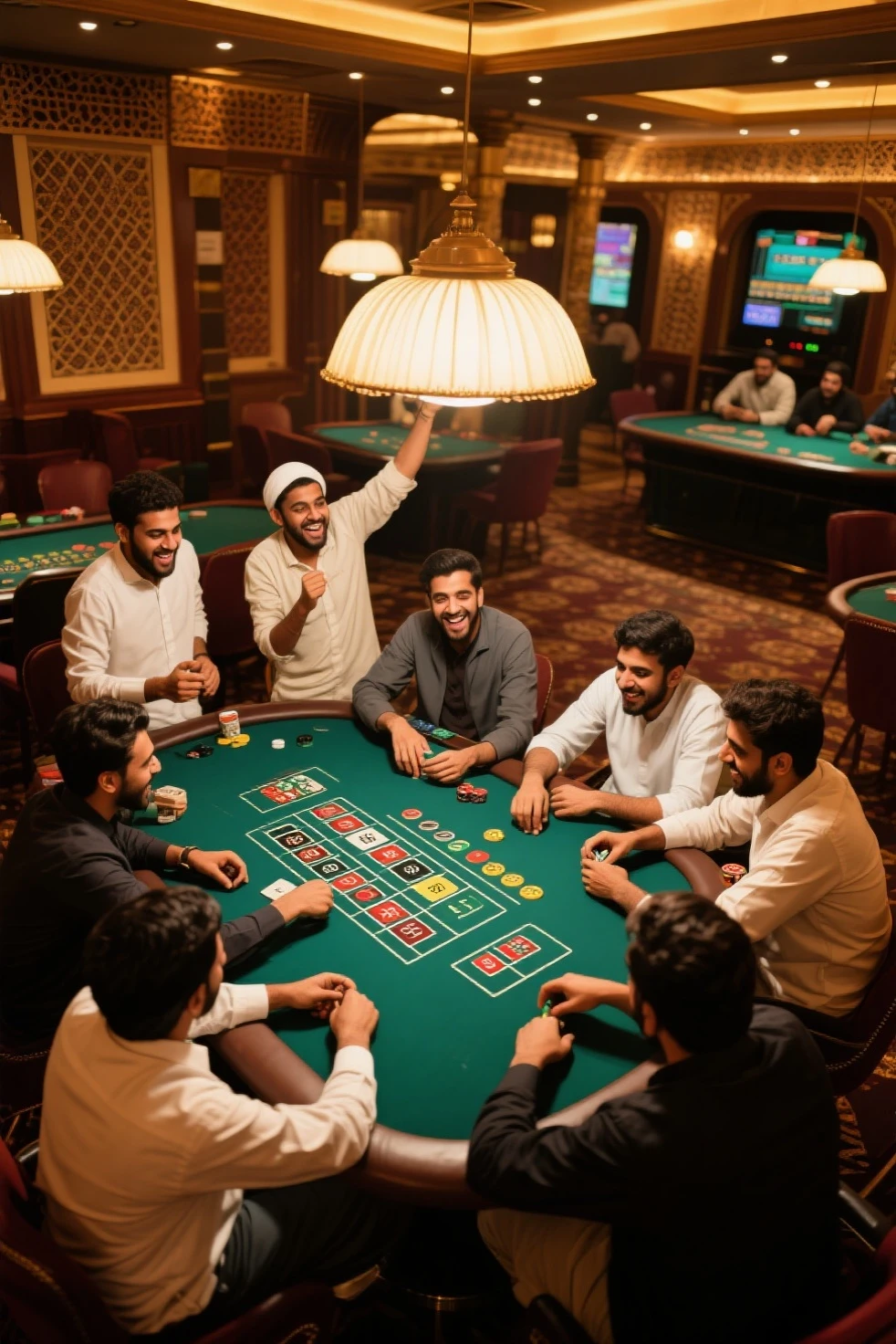 generate an image of Ethiopian gentle Mans in a group playing a 75 numbers modern bingo game inside an extraordinarily interior designed building that belongs to the bingo campany called FRIENDS BINGO use the word in the image u will generate and also add the written moto of the campany which is BET,PLAY,WIN BINGOOO and the bingo playing board contains the letter BINGO as a header and the numbers 1-75 written under the column of each latter's so add this to the image remove any thing that looks like a poker table just a group of people's on table gathered to play the game on the bingo board each of them will have there own playing bingo board they play by referring a called number on the screen the called numbers looks like "B12 or I28 or N42" so add it as well and please use my suggestion 100% don't use any religious looks and relations