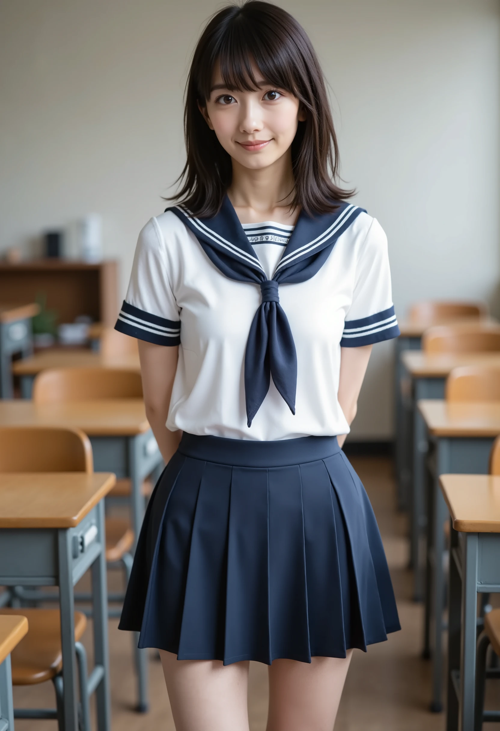 score_9,score_8_ up,score_7_ up, Ultra Details, absolute resolution, 32K,masterpiece, Highest Quality , Super High Definition, cowboy shot, beautiful Japanese girl, (slender Japanese woman: 1.1), cute face, skinny girl, thin waist, black hair, medium bob hair, (A short-sleeved white sailor suit worn by Japanese high school girls: 1.2), Navy Blue Micro Mini Pleated Skirt, (standing: 1.1), Turn your hands behind your back , loose socks, small breasts , perfect hand in h, perfect anatomy, Venus Rift, thin legs, gap between thighs, from front, Smile, School Classroom