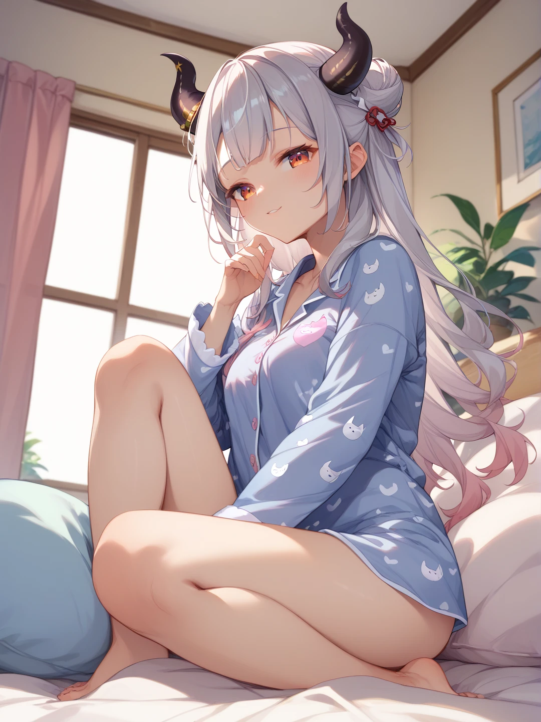 Close-up of face,Young Girl,Young,Lying with my whole body spread out on the soft bed,Laying my head on the pillow,Sleeping with the left side facing down,Sleeping with both eyes closed,So close you can hear me breathing,One person,Fireworks Night, Yukata,A strand of red mesh in silver hair, A huge fireworks falling from the sky, visible from both windows behind me,Cat ear girl, delicate design, Bright colors, detailed character design, Soft light and shadow, Cat's Tail, Cat print yukata, Fireworks in the night sky, Face illuminated by light, Characters stand out, The background is blurred, The focus is on the characters, Sharp details, Dim light at night,Dimly lit room