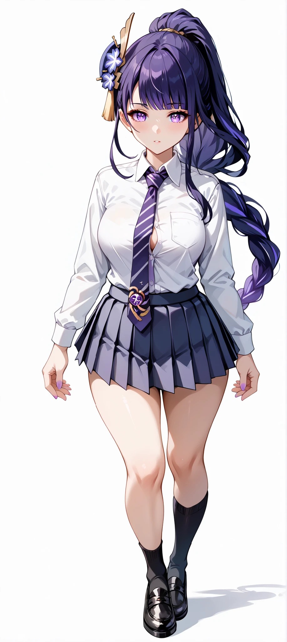 score_9, score_8_up, score_7_up, source_anime, 4K,perfect fingers,(perfect hands, perfect anatomy),prefect lighting, very aesthetic, intricate details,highly detailed background, masterpiece, high quality, best quality,
raidenshogun, raiden shogun, ((ponytail hair:1.5)), hair flower, hair ornament, long hair, mole, mole under eye, purple eyes, purple flower, purple hair, large breasts,,
wearing ((school uniform, tie, black socks, black shoes, short pleated skirt, button-up top, )),,
((White plain background:1.5)) ,((sexy curvy body)), POV, close shot, ((from the front:1.2)), standing, full body, ((feet:1.4)),