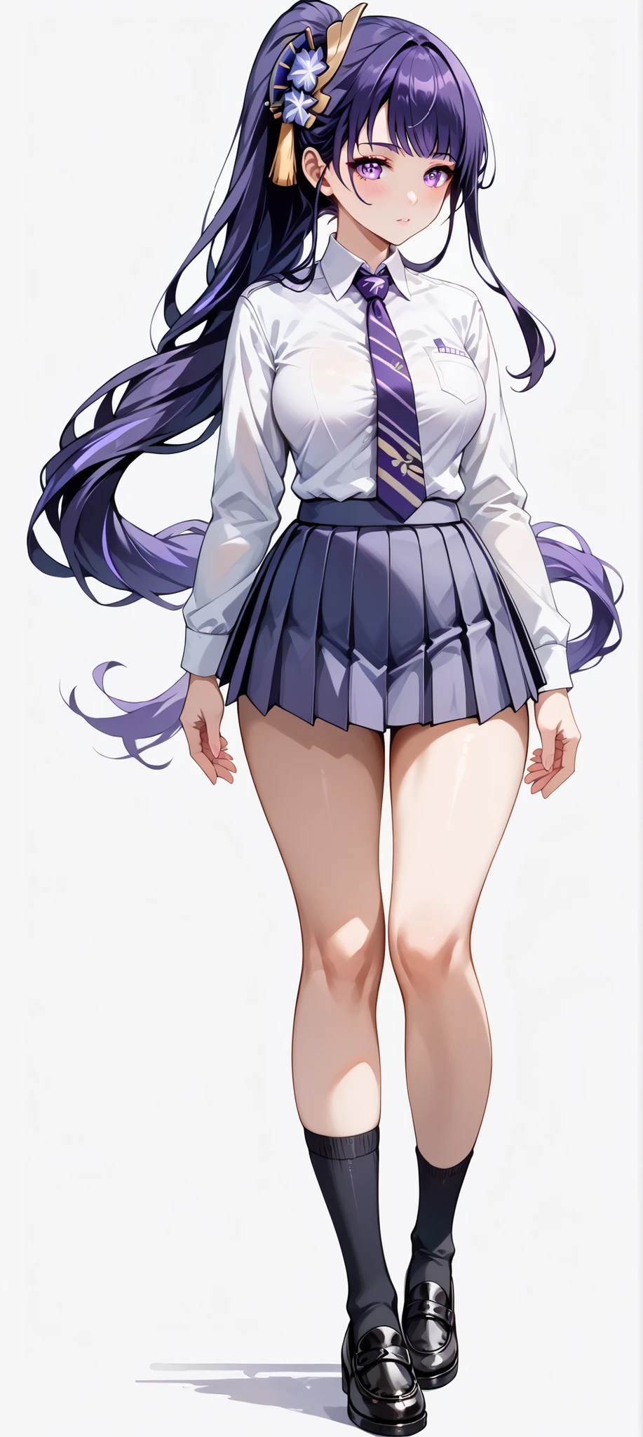score_9, score_8_up, score_7_up, source_anime, 4K,perfect fingers,(perfect hands, perfect anatomy),prefect lighting, very aesthetic, intricate details,highly detailed background, masterpiece, high quality, best quality,
raidenshogun, raiden shogun, ((ponytail hair:1.5)), hair flower, hair ornament, long hair, mole, mole under eye, purple eyes, purple flower, purple hair, large breasts,, 
wearing ((school uniform, tie, black socks, black shoes, short pleated skirt, button-up top,   )),, 
((White plain background:1.5)) ,((sexy curvy body)), POV, close shot, ((from the front:1.2)), standing, full body, ((feet:1.4)),
