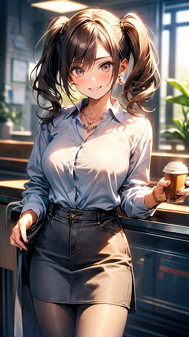 top-quality、Top image quality、masterpiece、s girl((18year old、 Ager、Best Bust、Medium bust,wide open breast tea、light blue eyerest, bionde、poneyTail、A slender,black see-through rack shirt、Black skirt、Best Pose、The best smile、Laugh、Show cleavage、Leaning forward pose)),hiquality、Beautiful Art、Background with((jpn、Night World、Neon Street、Inside the coffee shop)),masutepiece、depth of fields、movie、visualart、Perfect Art