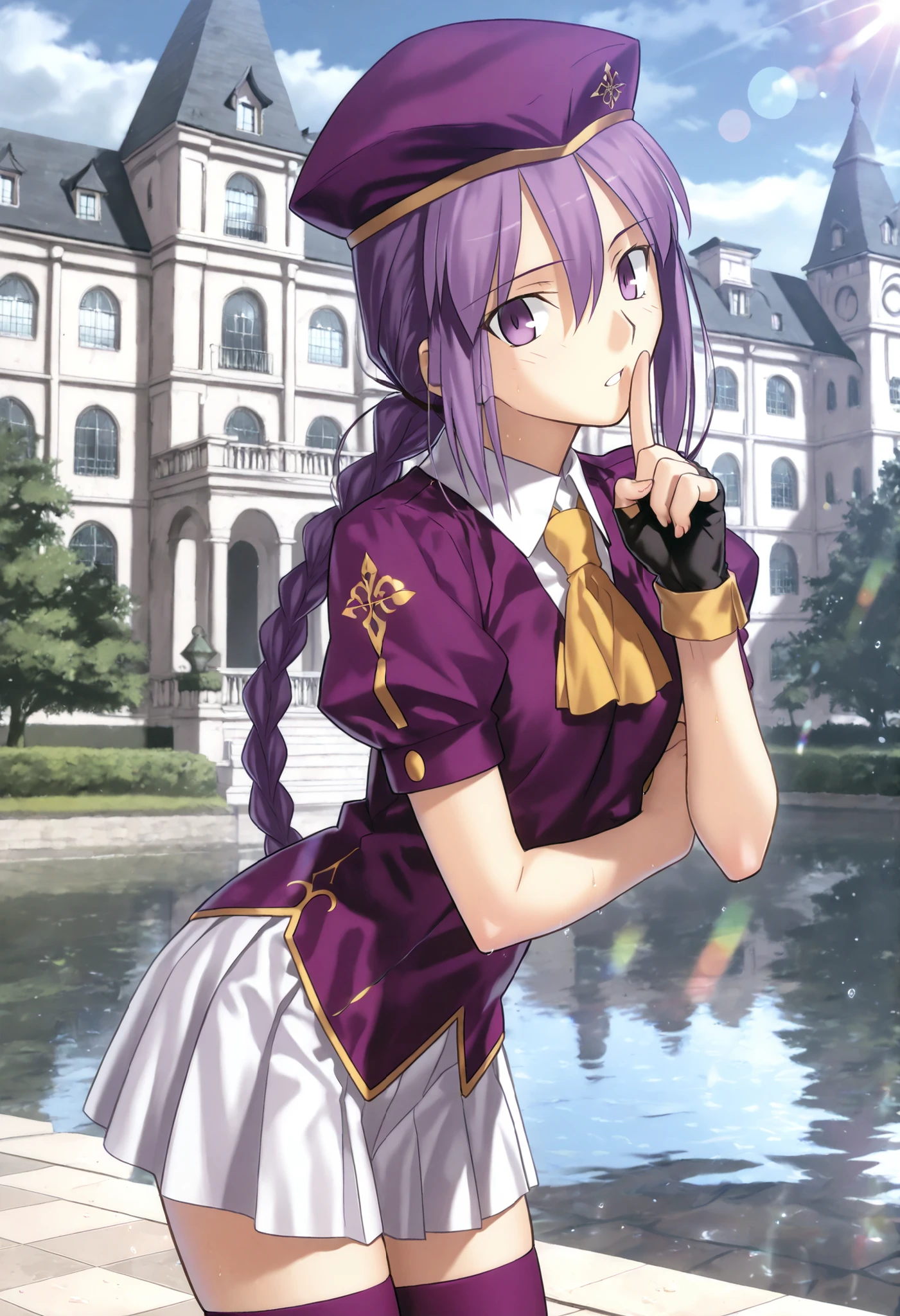 masterpiece, , absurdres, highres, detailed background, high resolution, masterpiece, necessary, detail, best quality, quality, necessary, details, High details, Precise, 8k outdoors, (((mansion, water reflecting galaxies))), lens flare, blurry background, from side ,
1girl, Takeuchi Takashi (type-moon,tsukihime) style, takeuchi takashi style, (aged up), (shushing), leaning forward,
girl, (slender body, slim arms, slim bod), (Sion) Eltnum (Atlasia) ,sion eltnam atlasia,(fate), purple hair , purple eyes, tsurime, hair between eyes ,long bang, long hair , braided hair , braided ponytail , yellow ribbon , EltnumOutfit ,small breasts, light purple sweater ,puffy short sleeves, collared undershirt , white undershirt , undershirt , yellow ascot ,(short sleeve), ,white skirt ,miniskirt , gold trim ,purple thighhighs ,single glove ,fingerless glove, black glove ,dark purple beret, ,((head tilt)), looking at viewer,(small breasts), arm under breasts,