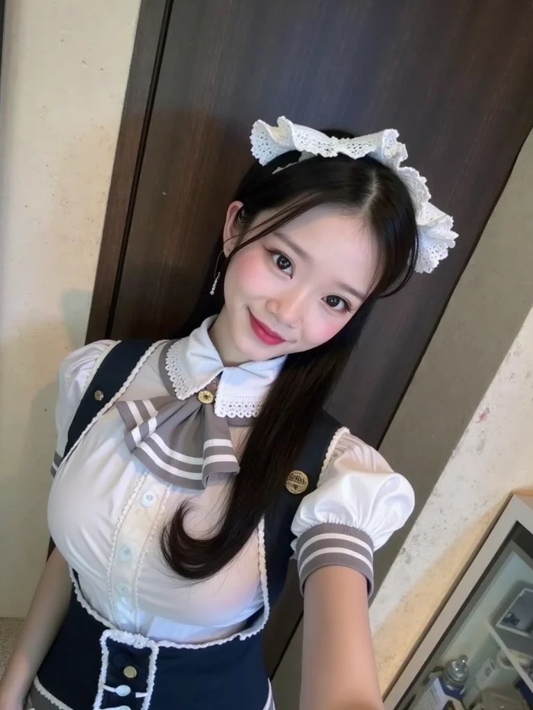 There is a woman in a ponytail and a black leather maid costume,Maid Cafe