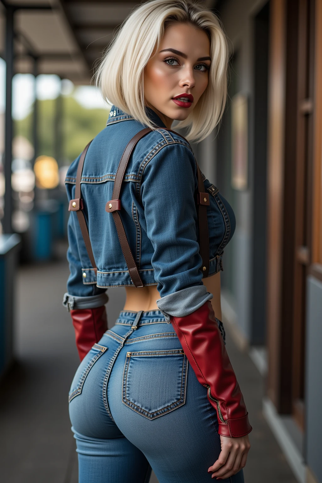 blonde woman with fake tongue and mouth glued to her chest, android 18, Black Jessica, Black Jessica face!!, parecendo a Annie Leonhart, inspirado em Eve Ryder, Chloe Price de Life is Strange, foto de alta qualidade, 2b, 2b, Pose casual, cabos em seu corpo, garota ciborgue, linda modelo de mulher cyberpunk, perfect android girl
