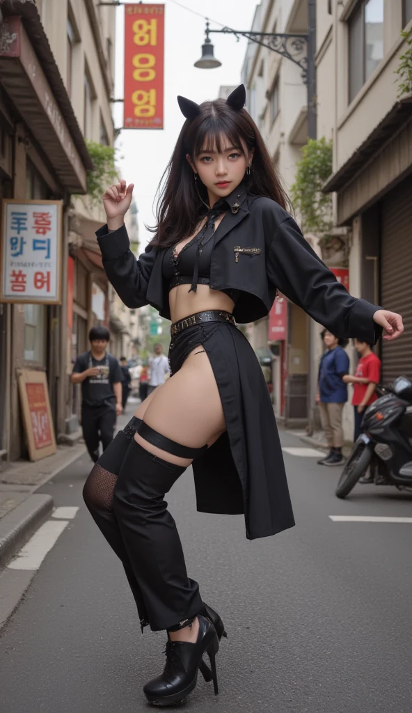absurdres, RAW photo, extremely delicate and beautiful, masterpiece, Best Quality, ultra high resolution, 16k, hyperrealistic, realistic, photorealistic, photo-realistic, ultra-detailed, perfect anatomy, super Detailed skin, perfect figure, Very detailed CG 8k wallpaper, nude, pussy, shaved pussy, nipple, perfect nipple, perfect round breast, perfect fingers, (full body :1.2), white skin, standing, blushing, windy, sexy leg, smile, puffy hair, bangs,  long leg, (nude girls), messy hair, flat bangs, sexy lips, cute hair, no bra,  from below, all hands down, open mouth, all nude, all hands down, kpop idol, idol group, same tall girls, sunny day, sunlight, sexy pose, sexy standing, all hands down, bottomless, pussy, vagina, , no wearing panties, no wearing bra, show pussy, show vagina, sun light, round breast, perfect small round breast, gothic boots, punk shoes, gothic skirt, gothic make up, gothic hairstyle, punk girl, full body tattoo girls, bottomless, show pussy, full colour tattoo, red lips, blowkiss, on street carnaval, cosplay  event, on street city,  open corset, belt, slim body, horny, spread pussy, smile, open mouth, no wearing panties, bottomless, pussy, 18 years old, teen, big boots, big boots, grey and black colour hair, all hands down, sexy pose, cool pose, badass, (many people on background), japanese font tattoo, japanese hair accessories, rope bondage, shy standing, (whip), smile, open mouth, very straight hair, holding whip, no wearing skirt, no wearing panties, show pussy