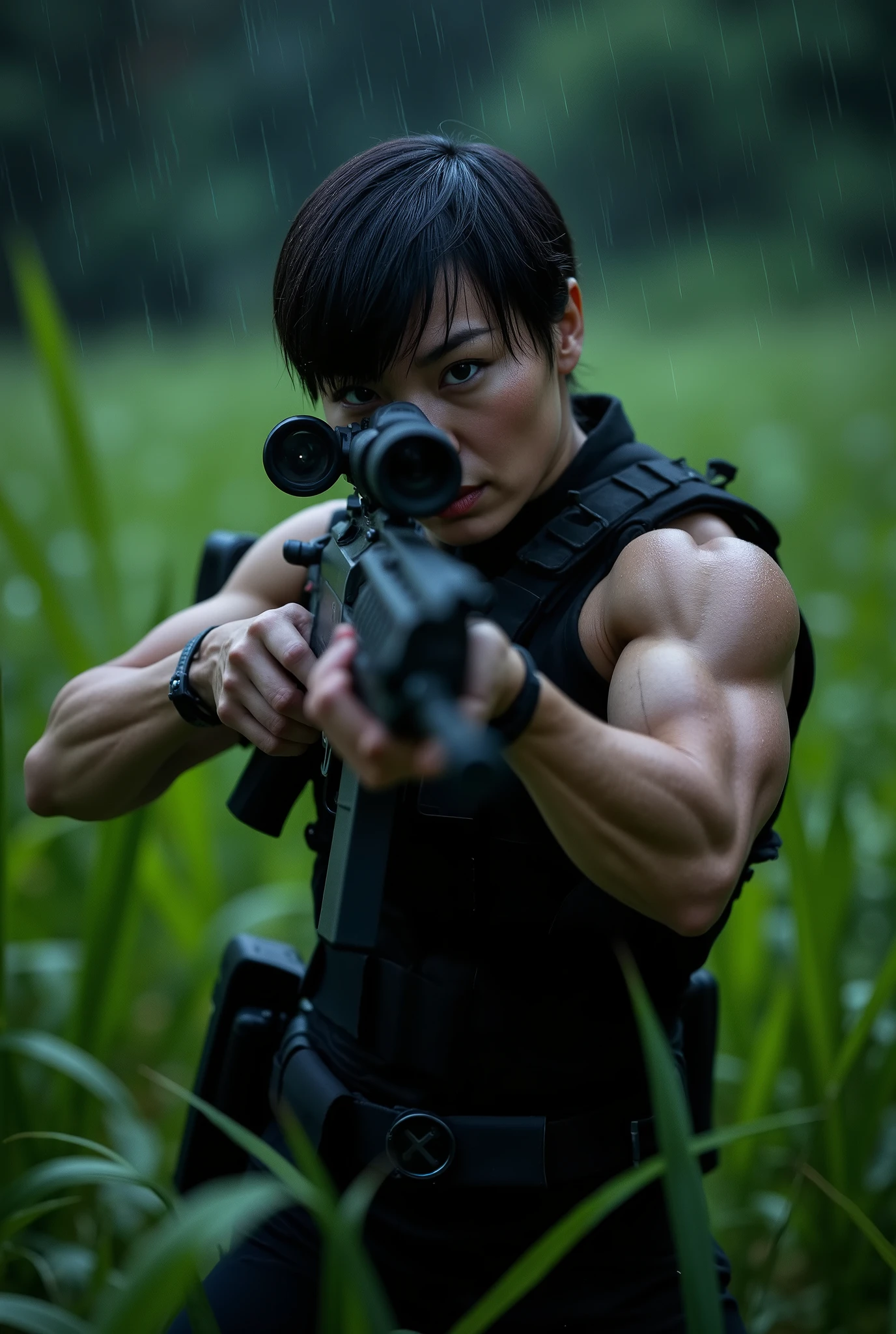 (facing forwards), looking directly into the camera, A stunning skinny asian fashion model in full black military gear with tactical vest peering through the scope of her military rifle, aiming directly forwards, utility belt, handgun holster on her side, is standing in very tall green grass as she has a military rifle up to her eye, shooting, firing rifle. (looking through the scope of her rifle:1.8), She has extremely short black wet hair. buzz cut, (wet hair:1.9), (black military tactical gear:1.9), (black utility belt:1.5), sleeveless, (muscular biceps), (shooting an AR-15 rifle:1.5), (skinny:1.5) Her expression is confident. A dense dark jungle is in the background. Heavy rain pours. The image is ultra high-definition with physically based rendering, detailed textures. (Night time:1.8), (very dark), (detailed face), (highly detailed eyes:1.3), (realistic), (photo-realism:1.4)