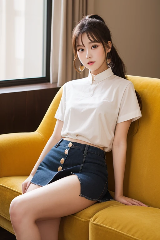 {Best Quality}、{Very aesthetic}、{Super fine}、{Best illustrations}、super high quality、girl１people、Casual clothing、skirt、Attractive thighs、Spread your legs wide、The chest is wide open、Pleasure face、Small breasts、smile、No underwear、Not wearing panties
