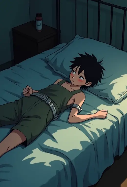 (((anime style, cel shaded, a young boy lying on a bed with wrists and ankles tied to bedposts using metal cuffs))), vulnerability, soft rumpled sheets, dimly lit room, tension, shadows playing across the scene, (((partially clothed in baggy dungarees))), expression of discomfort or anxiety, simple surroundings with soft lighting, focus on the person and situation, detailed and cinematic