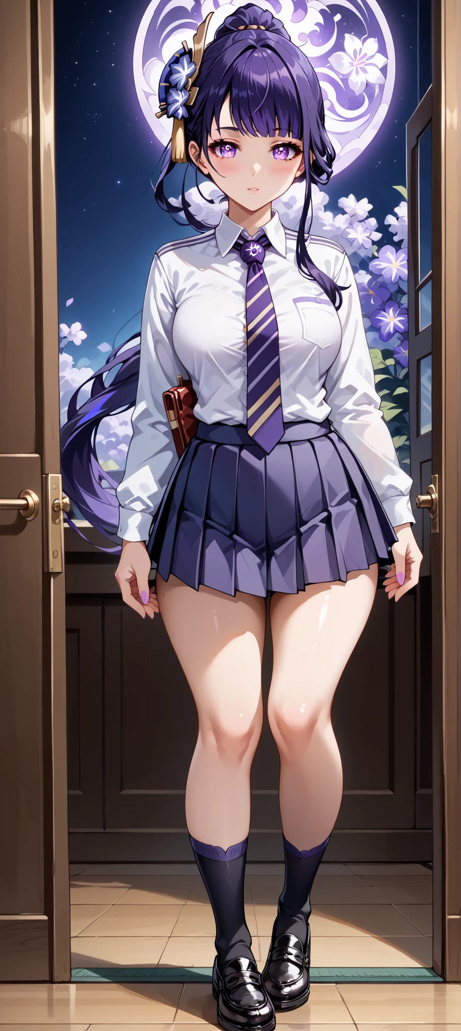 score_9, score_8_up, score_7_up, source_anime, 4K,perfect fingers,(perfect hands, perfect anatomy),prefect lighting, very aesthetic, intricate details,highly detailed background, masterpiece, high quality, best quality,
raidenshogun, raiden shogun, ((ponytail hair:1.5)), hair flower, hair ornament, long hair, mole, mole under eye, purple eyes, purple flower, purple hair, large breasts,,
wearing ((school uniform, tie, black socks, black shoes, short pleated skirt, button-up top, )),,
((sexy curvy body)), POV, close shot, ((from the front:1.2)), standing, full body, ((feet:1.4)), in home, open the door,