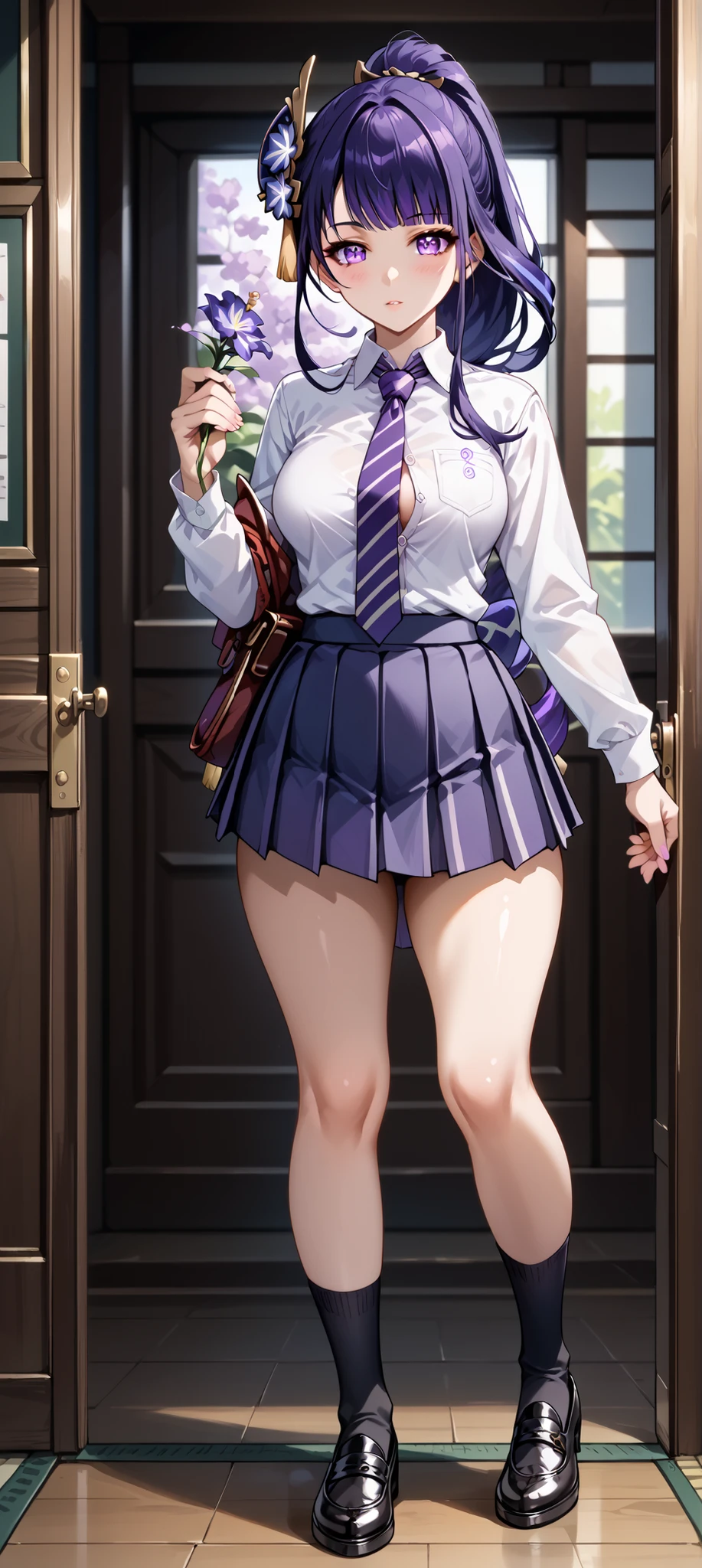 score_9, score_8_up, score_7_up, source_anime, 4K,perfect fingers,(perfect hands, perfect anatomy),prefect lighting, very aesthetic, intricate details,highly detailed background, masterpiece, high quality, best quality,
raidenshogun, raiden shogun, ((ponytail hair:1.5)), hair flower, hair ornament, long hair, mole, mole under eye, purple eyes, purple flower, purple hair, large breasts,,
wearing ((school uniform, tie, black socks, black shoes, short pleated skirt, button-up top, )),,
((sexy curvy body)), POV, close shot, ((from the front:1.2)), standing, full body, ((feet:1.4)), in home, open the door,