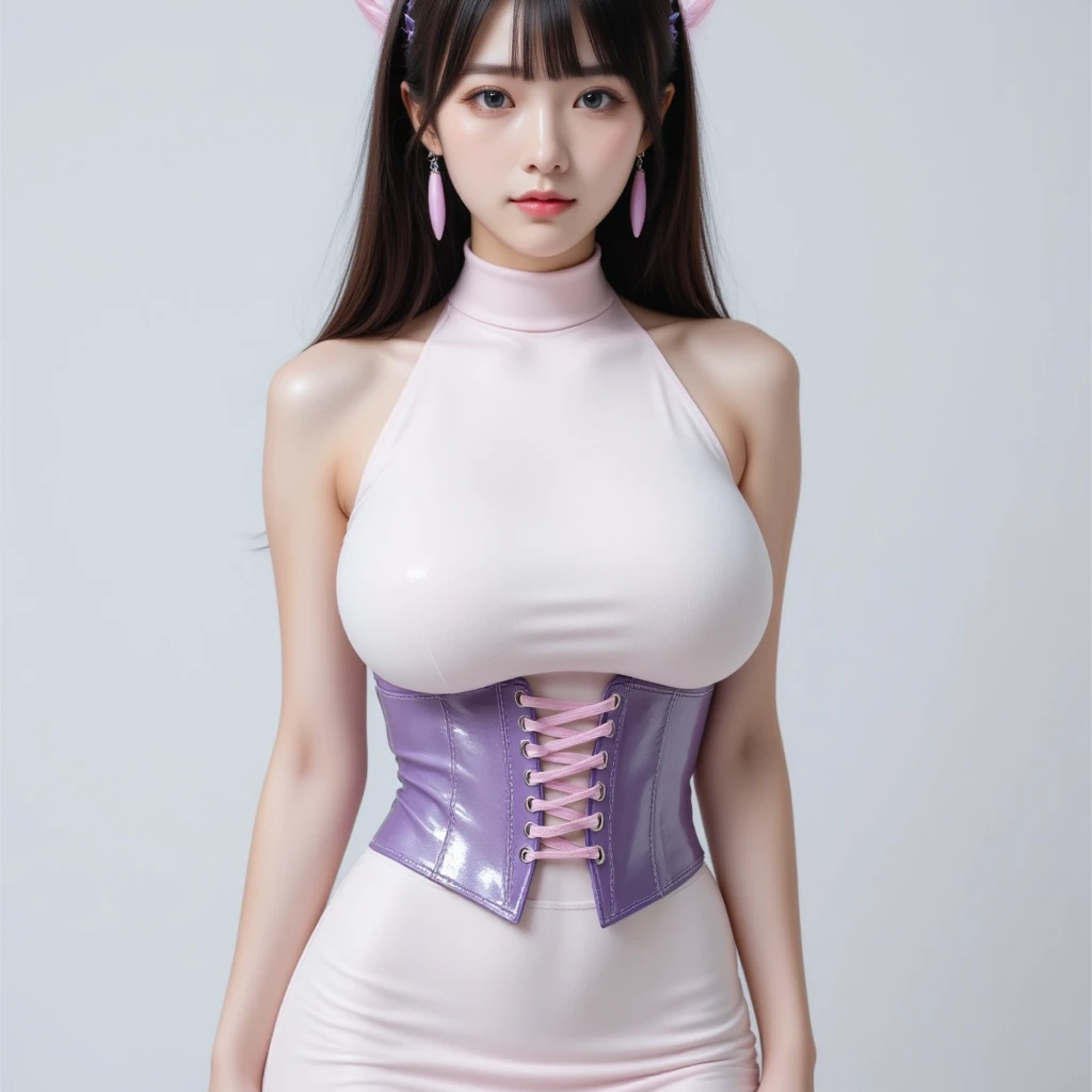 8k, RAW Photos, highest quality, masterpiece, Realistic, Detailed face, Detailed skin, Warm color temperature, (simple gray background:1.1), Beautiful Japanese Girl, (short hair:1.1), Asymmetrical bangs, light brown hair, whole bodyショット, (Front view:1.3), (One girl:1.2), (low length:1.1), Height: 148cm, , skinny, (Light Blue Ruffle Micro Skirt:1.2), (Pink t-shirt for girls with a unicorn illustration:1.2), (Striped knee socks:1.2), Huge Breasts, fake breasts, smile, chichibukuro, (Czech, whole body, Dressed:1.2)