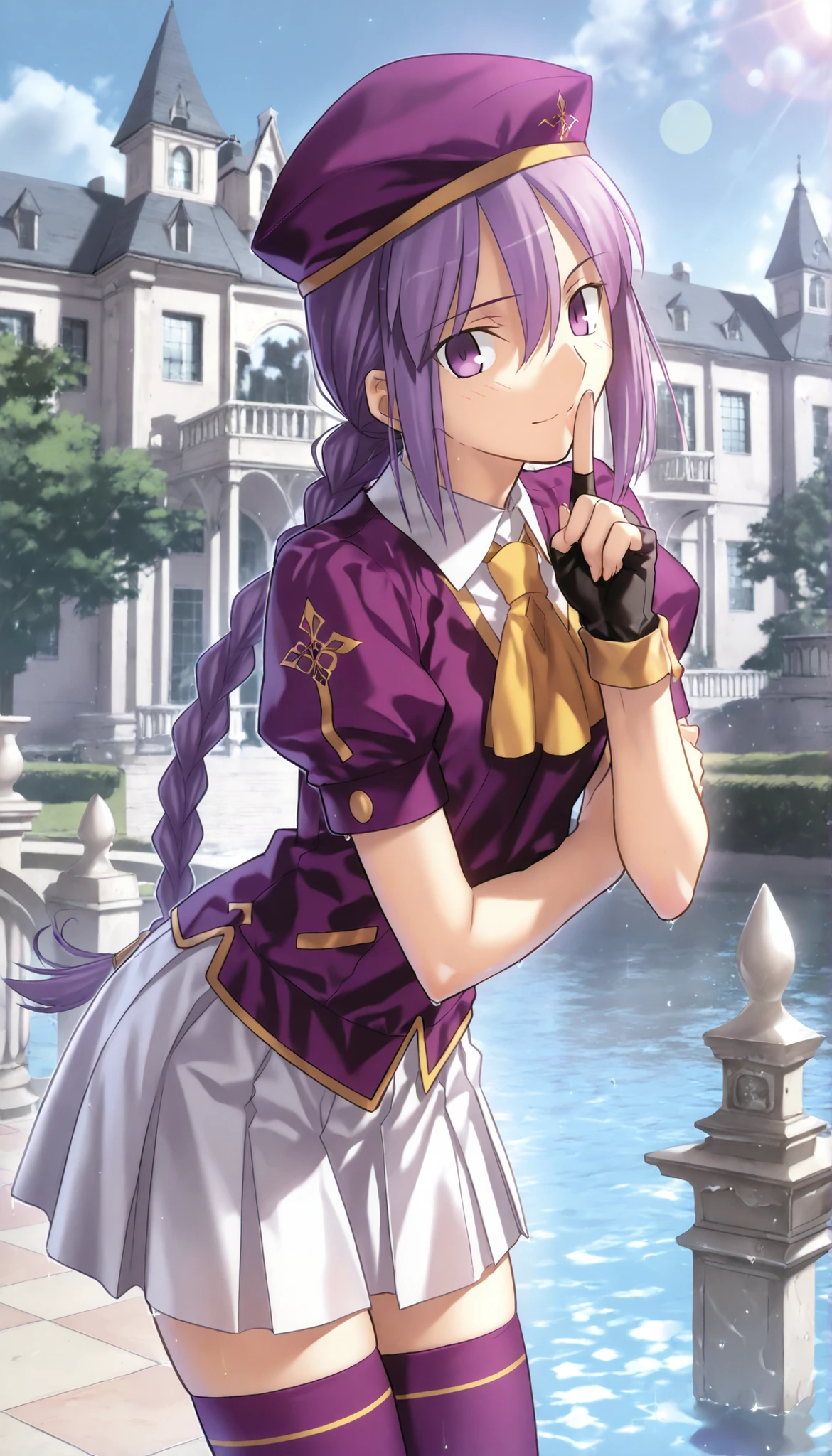 masterpiece, , absurdres, highres, detailed background, high resolution, masterpiece, necessary, detail, best quality, quality, necessary, details, High details, Precise, 8k outdoors, (((mansion, water reflecting galaxies))), lens flare, blurry background, from side ,
1girl, Takeuchi Takashi (type-moon,tsukihime) style, takeuchi takashi style, (aged up), (shushing), leaning forward, closed mouth,
girl, (slender body, slim arms, slim bod), (Sion) Eltnum (Atlasia) ,sion eltnam atlasia,(fate), purple hair , purple eyes, tsurime, hair between eyes ,long bang, long hair , braided hair , braided ponytail , yellow ribbon , EltnumOutfit ,small breasts, light purple sweater ,puffy short sleeves, collared undershirt , white undershirt , undershirt , yellow ascot ,(short sleeve), ,white skirt ,miniskirt , gold trim ,purple thighhighs ,single glove ,fingerless glove, black glove ,dark purple beret, ,((head tilt)), looking at viewer,(small breasts), arm under breasts,