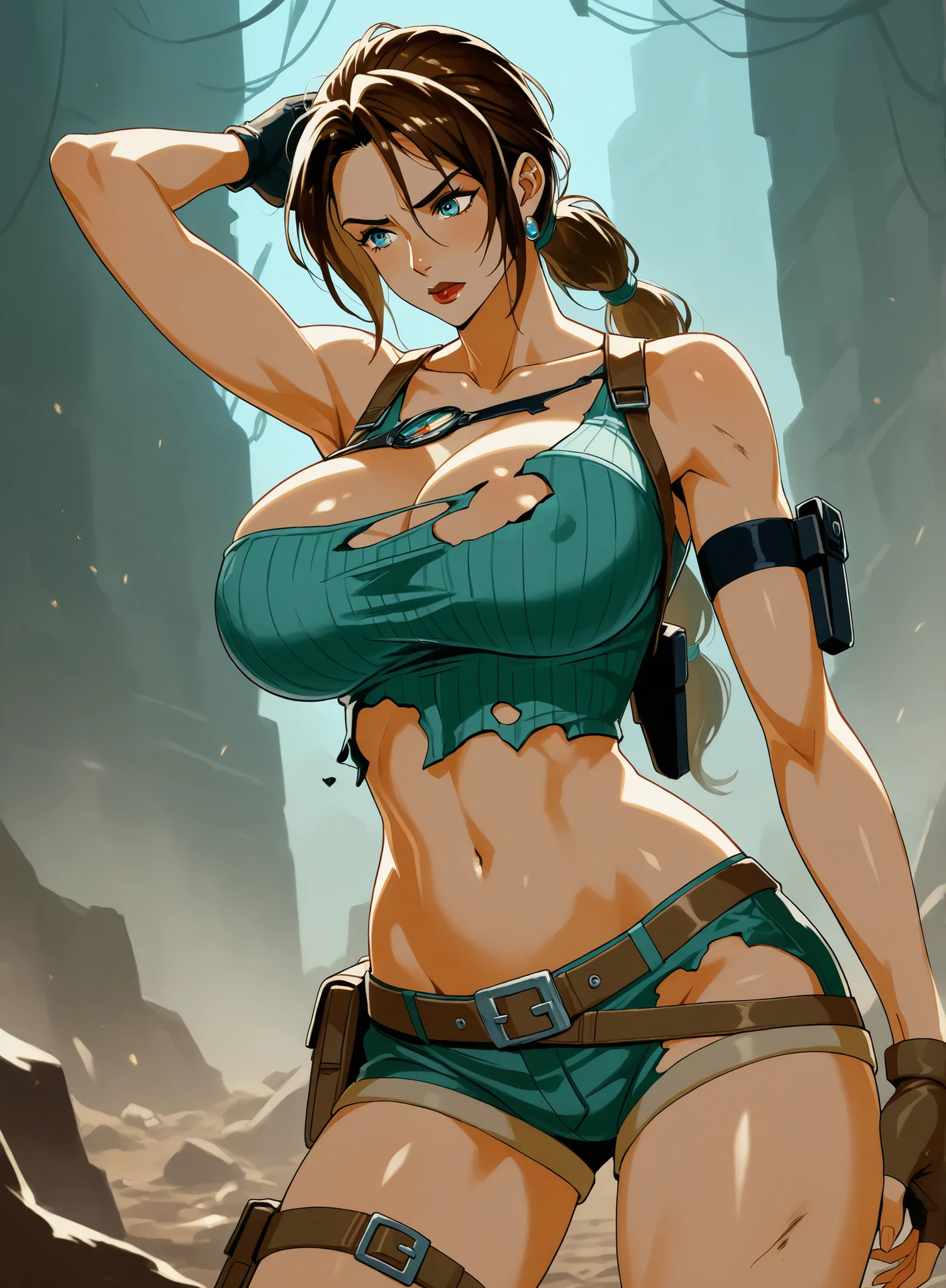 Nsfw, Lara Croft, rise of The tomb raider, (master part, 4k resolution, ultra-realistic, altamente detalhado), corpo perfeito, anatomia correta, textura de pele detalhada, rosto perfeito, cabelo realista, olhos corretos, fundo detalhado, pele oleosa, expression of pleasure, standing