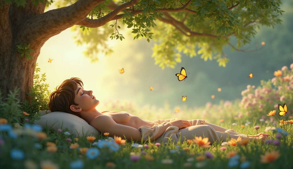 in roberto ferri art style, a 20 years old, perfect anatomy, golden hour, country boy, divine proportions, masculine gaze, handsome, realisitic skinny detailed muscles, shirtless, barefoot, sleeping in the grass, moutains, clouds, trees, butterflies, flowers, master piece, artstation trendin