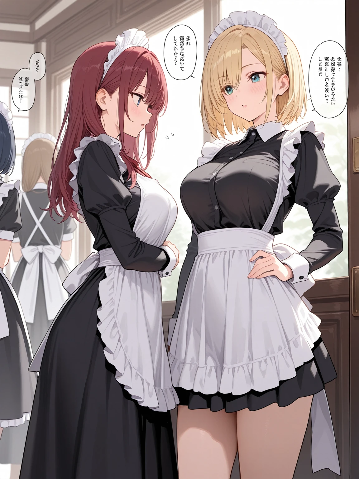 masutepiece, Best Quality, Airlib 4, thighs thighs thighs thighs, black thighs thighs thighs thighs, Apron, zettai ryouiki, maid, Maid headdress, , Wrist cuffs,Multiple maids lined up,2girls,the kiss