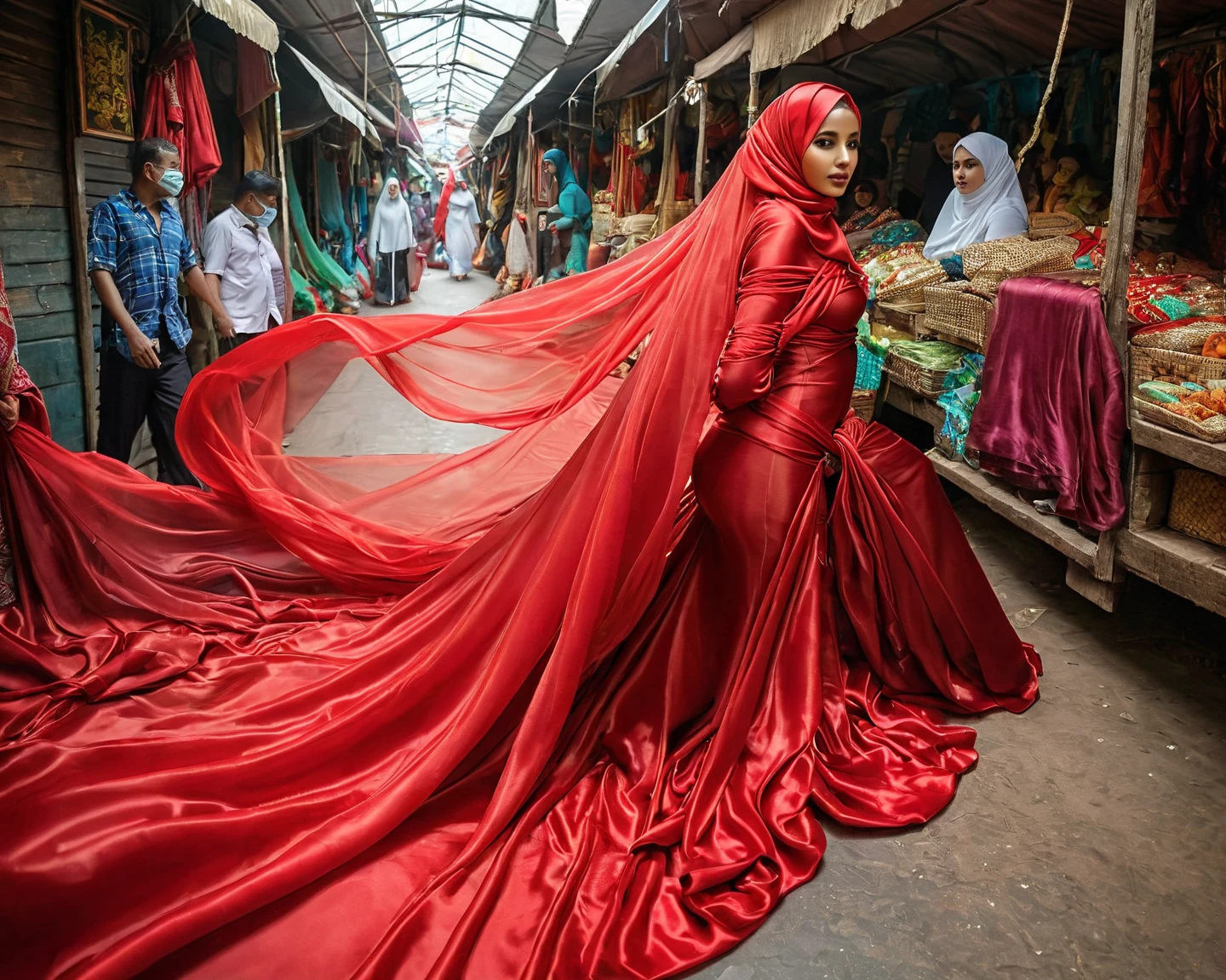 A woman shrouded in a 4-meter-long, plush red satin cloth, tightly bound and grandly draping along the form of her body, flowing off into a pooled floor-length train, styled in a mermaid-inspired outfit, her head modestly veiled in a satin hijab, tall woman, walking in market, a full-body pose posing in front of people, captured in a 4k resolution, ultra-realistic