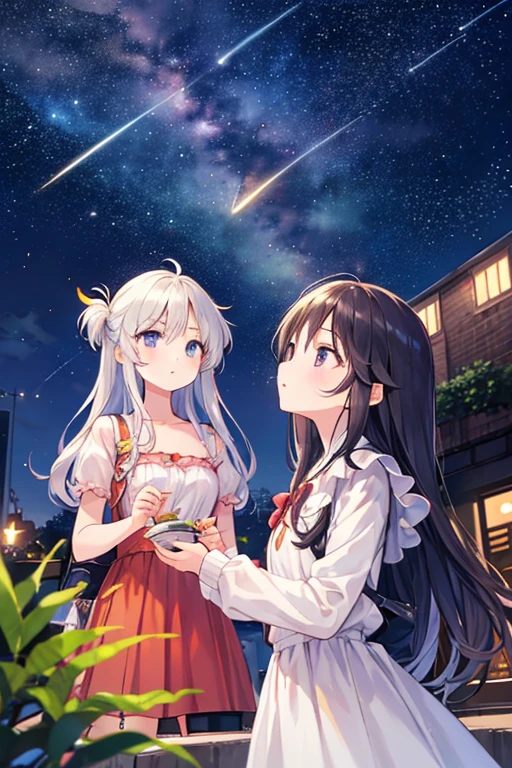 Una linda camisa blanca que la deja ver. 、Falda de vuelo celeste con volantes、Se levanta la falda con ambas manos para lucir su linda ropa interior blanca.、Linda ropa interior blanca visible cuando se levanta la falda.、Playa de arena, Mar hermoso, noche y cielo estrellado