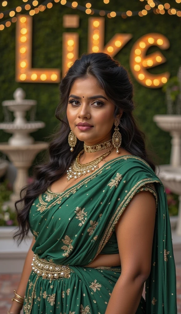 Indian girl in 8k, ultra-high quality. Curvy body with realistic textures, detailed makeup, and smooth, glowing skin. New hairstyle and colorful dress. Full-length frame, mysterious background.