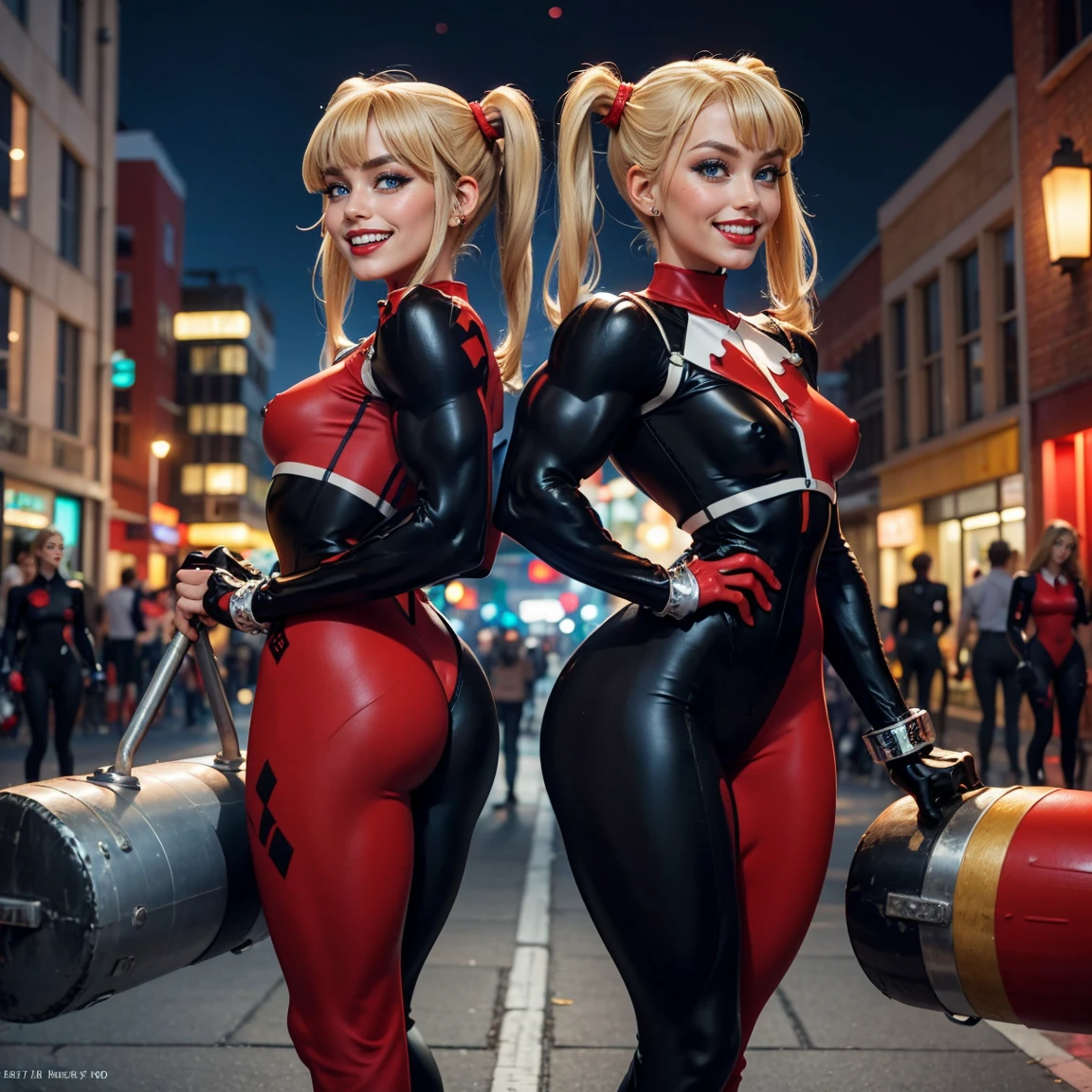 ultrarealistic high quality fullbody photo of 2 beautiful busty natural european 18-year-old girls with cute hyperdetailed shy happy face and shoulder length platin-blonde classic ponytail and long legs, realistic round eyes, red lipgloss, decent makeup with eyeliner, wearing shiny metallic hot pink spandex longsleeve and metallic hot pink spandex leggins, hourglass body, outdoor photography, sunny day