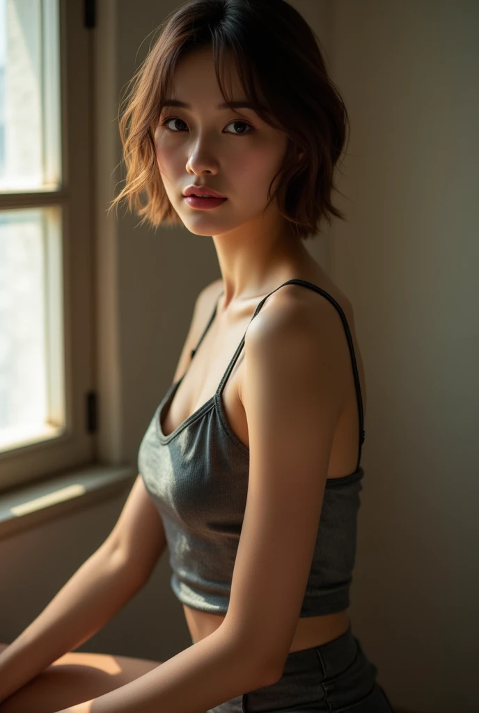 NSWF,One girl,Mature Woman,40 years old,alone,short hair,whole body,storehouse,Moody lighting,Tyndall effect,Cinema Lighting,Lens flare,Available Light,Rim Light,Curvy,Tank top,Japanese girl,