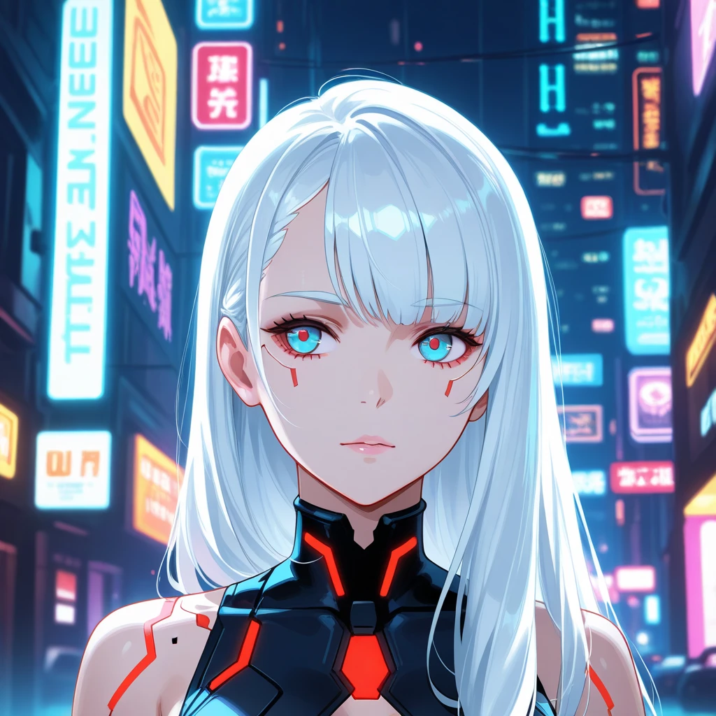 high resolution, highest quality, illustration, ultra detailed, (detailed face), (detailed eyes), cinematic lighting, best quality, hyper detailed, artwork, 1 girl, alone, gray eyes, short hair, multicolored hair, hair asymmetrical, belt, jacket, off-shoulder, swimsuit, highlighted sleeves, hip ventilation, luminous eyes, medium breasts, (colorful), standing, full body shot, in a futuristic cyberpunk city at night