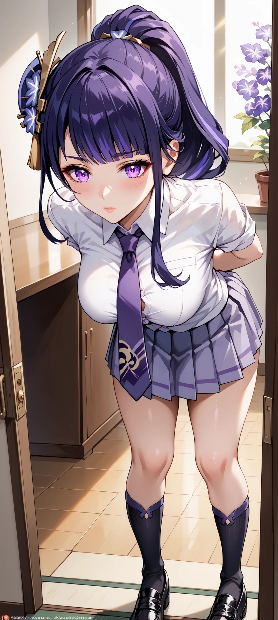 Rieli Bishop(Prison Battleship)、Purple hair、Green Eyes、Huge breasts、、choker、Glaring at me、blush、Butt、Sailor suit、belly button、Mini Bleated Skirt、Underwear is visible、See-through、classroom