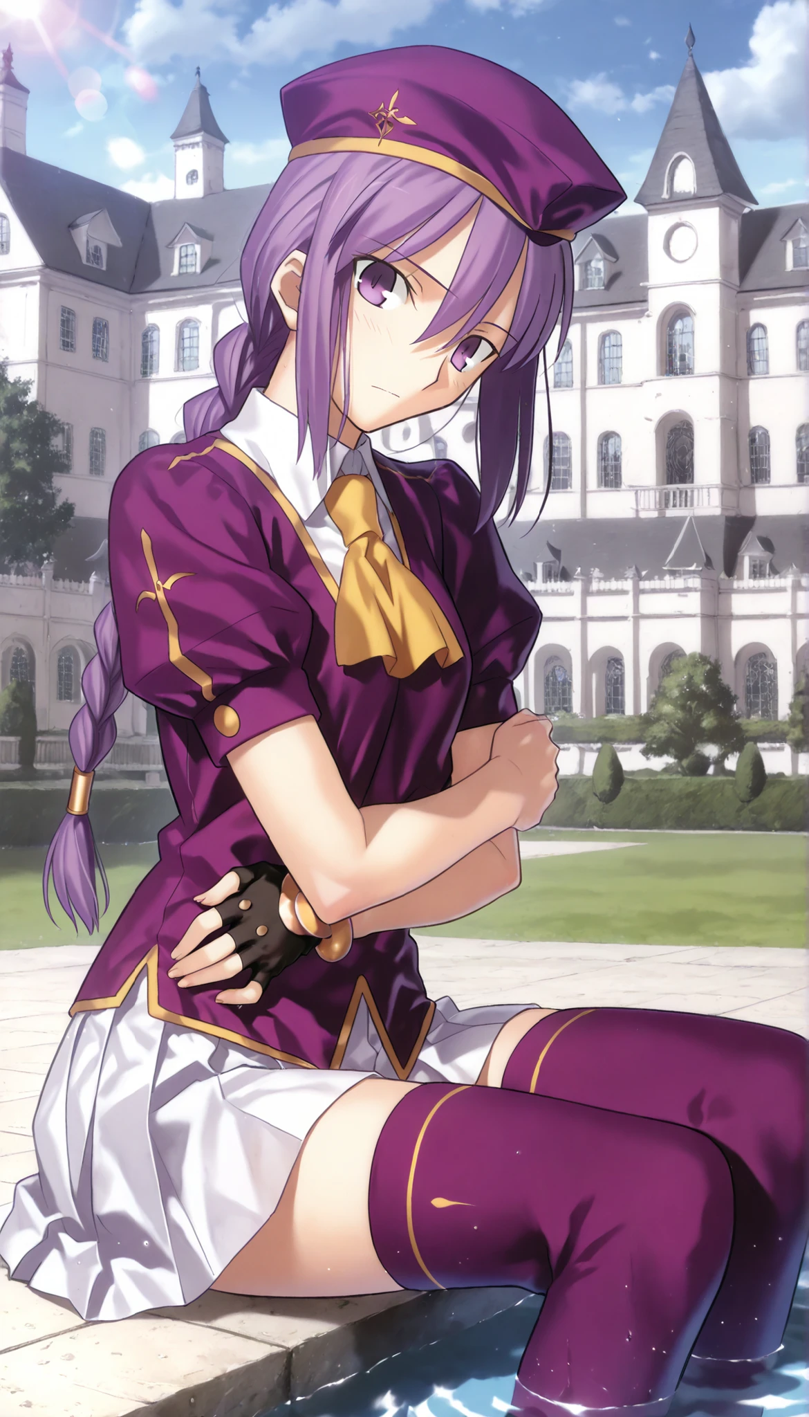 masterpiece, , absurdres, highres, detailed background, high resolution, masterpiece, necessary, detail, best quality, quality, necessary, details, High details, Precise, 8k outdoors, (((mansion, water reflecting galaxies))), lens flare, blurry background, from side ,
1girl, Takeuchi Takashi (type-moon,tsukihime) style, takeuchi takashi style, (aged up), (sitting), ,
girl, (slender body, slim arms, slim bod), (Sion) Eltnum (Atlasia) ,sion eltnam atlasia,(fate), purple hair , purple eyes, tsurime, hair between eyes ,long bang, long hair , braided hair , braided ponytail , yellow ribbon , EltnumOutfit ,small breasts, light purple sweater ,puffy short sleeves, collared undershirt , white undershirt , undershirt , yellow ascot ,(short sleeve), ,white skirt ,miniskirt , gold trim ,purple thighhighs ,single glove ,fingerless glove, black glove ,dark purple beret, ,((head tilt)), looking at viewer,(small breasts), arm under breasts,