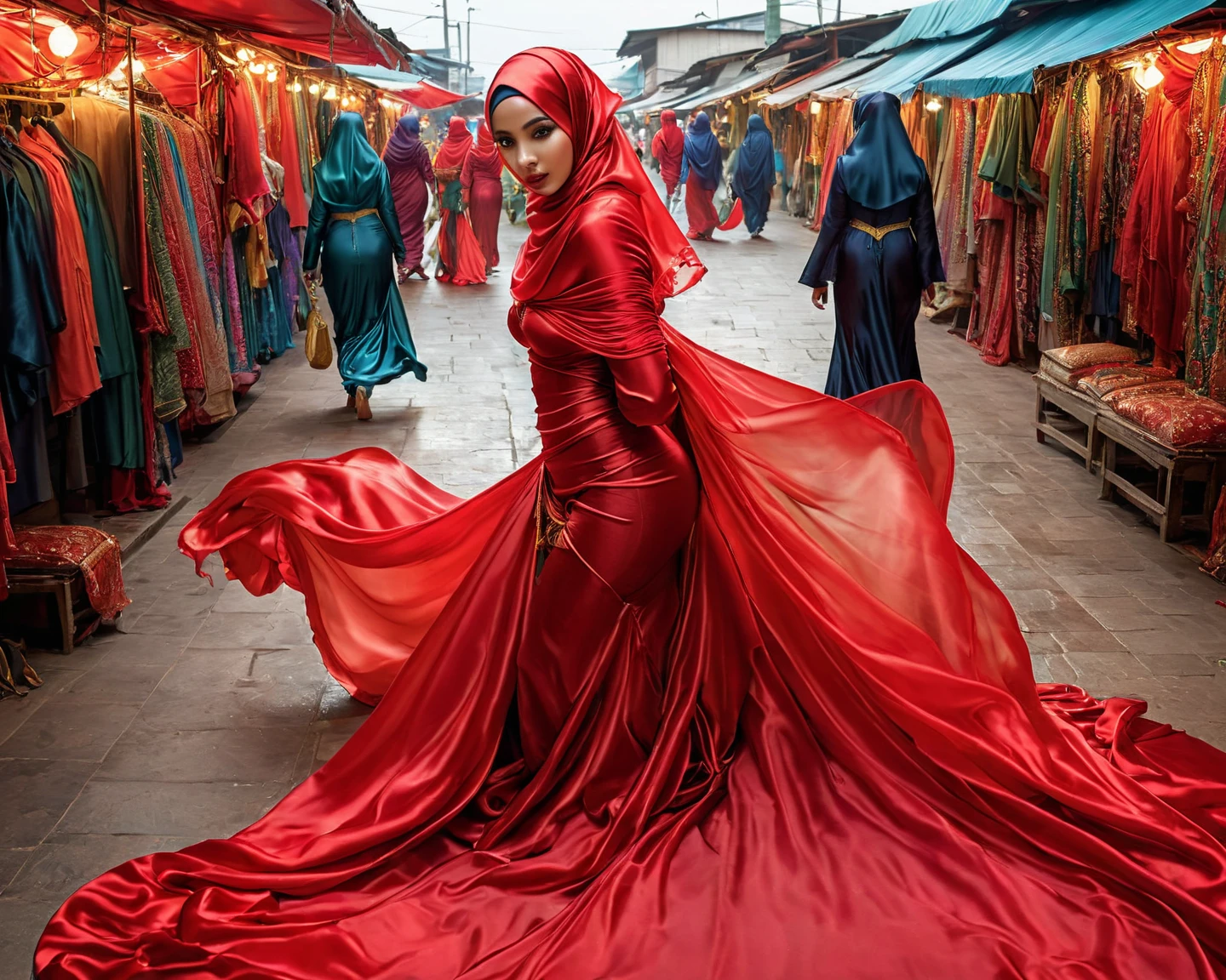 An malay woman in glamorous mermaid evening gown, long ballon sleeve gown, wear jewellery, wear modern satin hijab, entirety of fabric over botom dress about 7 meters in length trailing dramatically, glamours style, overlong dress train, extreme detail on the texture of the fabric, wear high heels, sexy random pose in crowded place, beautifull bright lighting, ultra realistic, high-resolution photography.