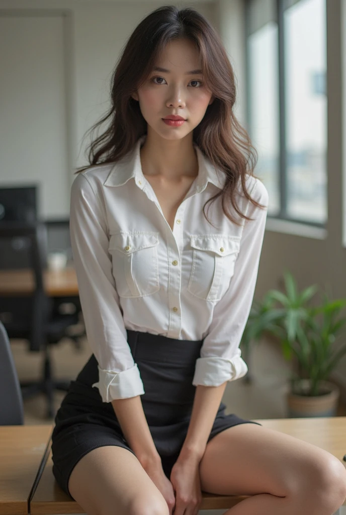 ((Best quality, 8k, Masterpiece: 1.3, raw photo)), Sharp focus: 1.2, (1 AESPA girl: 1.1), (realistic, photo-realistic:1.37), face focus, cute face, kindness, small breasts, flat chest, brunette short messy hair, sitting cafe, business suit skirt, white shirt, sunlight, cinematic lighting