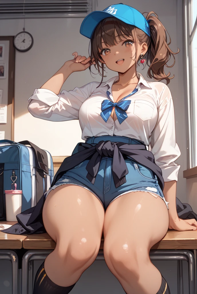 (table top, highest quality, High resolution, , perfect pixel, 4k,), 1 girl, single, alone, Beautiful woman、I could see the whole body、 ((wavy mid hair, bangs, brown hair)), ((brown eyes, beautiful eyelashes, realistic eyes)), ((detailed face, blush:1.2)), ((smooth texture:0.75, realistic texture:0.65, realistic:1.1, Anime CG style)), medium breasts, dynamic angle, perfect body, ((, female teacher, , earrings、necklace、white shirt with collar、Shirts without buttons、Dark blue flared skirt、black knee high stockings、open both legs wide、、shy smile、Sit on the floor、leaning forward)), Upper grade、、、evening、、(You can see the white and light blue lace panties and bra、、(Bring your chest and arms together、Lift up your skirt and show your panties、The wind blows up my skirt)、angle from below)、