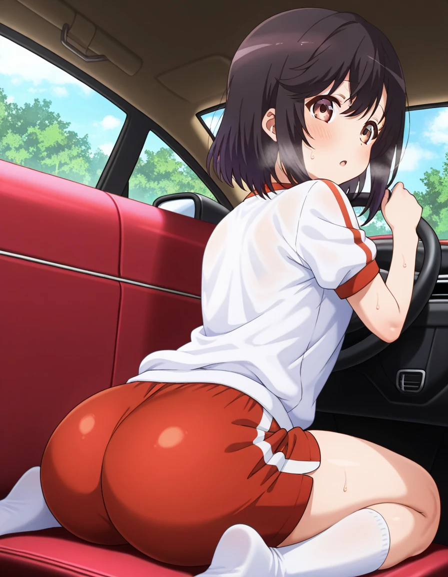 2 Asian girls, both farting together side by side, desperate to poop, farting while sitting in car, sitting down, wearing sports outfit, stomach bloated, hangs holding stomach, pained expression, shocked and embarrassed, mouth open in shock, sweating, blushing, beautiful and cute face, anime art style, fit body, tall and thin, view from back