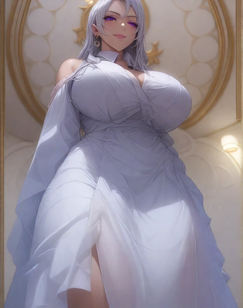 A woman with big ，Beauty，Silver long hair，Very transparent nightgown，Lace，Sparkle like a diamond，weak，Sexy，(prom)，(nsfw:0.8)，