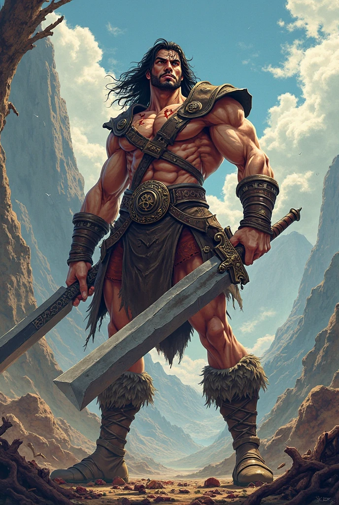 1 barbarian style rpg pathfinder, strong, black hair, on a hill with a giant axe, masterpiece, best quality, best shadows, dramatic lighting, concierge