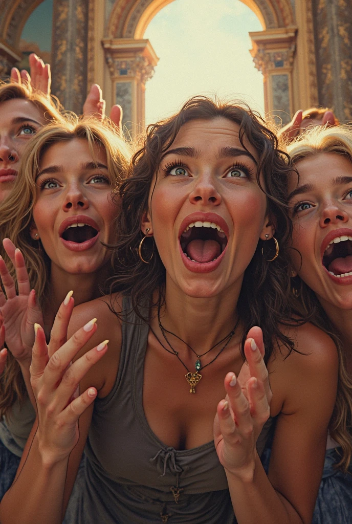 a surreal psychedelic artwork, three extremely beautiful young women in lingerie laughing, erotic atmosphere, (best quality,4k,8k,highres,masterpiece:1.2),ultra-detailed,(realistic,photorealistic,photo-realistic:1.37),hyperdetailed faces, intricate details, vibrant colors, dramatic lighting, dreamlike surreal setting, ethereal atmosphere, sensual poses, high fashion lingerie, glossy skin, long flowing hair, alluring expressions