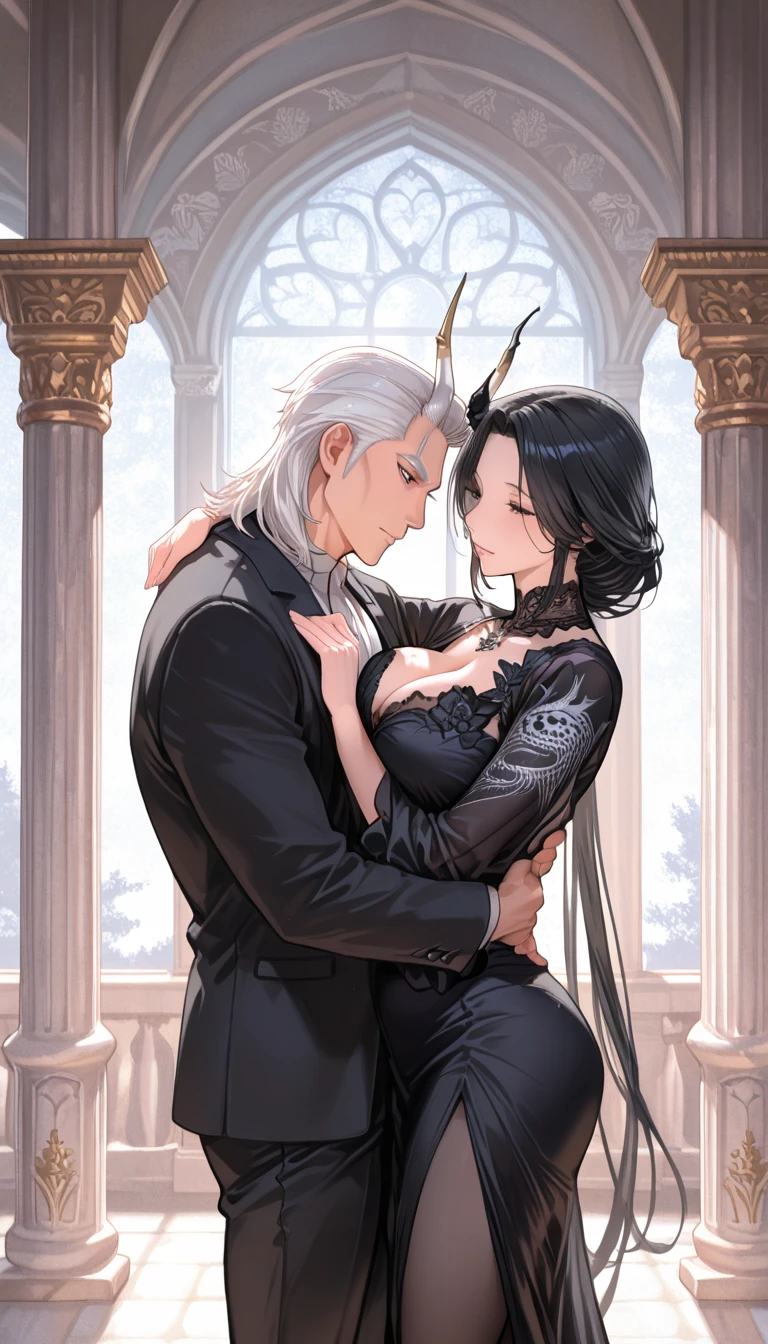 (Artwork, best quality) a close up of a person holding a woman in a dress, man lifting woman off the ground, woman with feet off the ground, strong man , (beautiful Men, Large shoulders, delicate androgynous prince, Short white hair, blue eyes, vampire), pin on anime, in dark robes with gold accents, made with anime painter studio, ((a beautiful fantasy empress) Cinematic light, (beautiful, sexy woman, Black long hair, red dress, closed eyes, detailed)