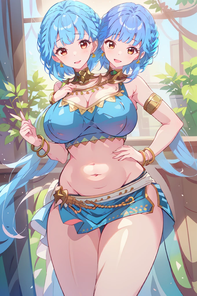 score_9, 1girl, solo, blue hair, blue eyes, breast curtains, dancer, futanari, erection, clothes lift, dark-skinned female <lora:crnest:1>