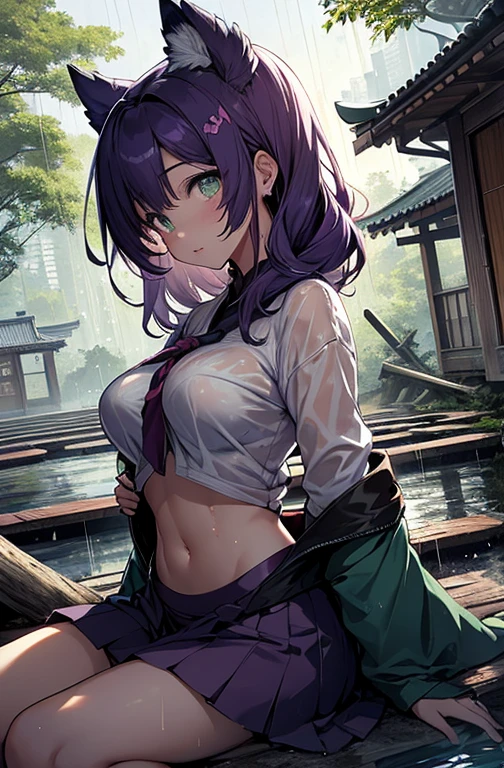 masterpiece、highest quality、detailed、beautiful、Exquisite、disorganized、high resolution、 night中、hot spring、countryside、Sala Saturn、 girl、sitting、smoke texture、cheeks flushed、profile、hot springに浸かっている、Purple Skirt、Big purple ribbon in hair、purple hair、happy face、(Lying:1.4)、breast enhancement、turn your arms behind your back、Looking down on the town from the bridge、(My clothes are torn to shreds:1.3)、(The underwear is slightly visible:1.3)、Colored inner hair 、(Adorable sparkling bright jade green eyes:1.4)、Tree eyes、Big eyes、short、toned body、thin thighs、slender、(Clothes that fit snugly against the body:1.4)、Wrinkles in clothes around the waist、(The rain makes the area around her chest and navel wet, revealing her bare skin.:1.4)、damp hair、beautiful breasts、D cup、Scratched、blush、20-year-old、10 years old 、red nail polish、cute、cute、beautiful、cell anime、main artwork、hard edge、View from thigh to top、night、indirect lighting、lantern、(The atmosphere seen through a fisheye lens:1.5)、Abandoned Japanese temple with collapsed wooden structures、The ceiling is collapsing、A lush garden reminiscent of a primeval forest、abandoned village、outdoor、It's open