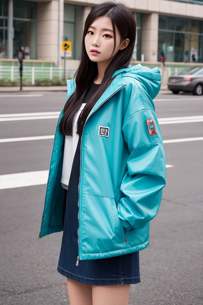(Hyper-realistic) , (illustratio), (Increase the resolution), (8K), (RAW photos,best qualtiy),(realisticlying,photograph realistic:1.3),best qualtiy,highly detailed,tmasterpiece,Hyper-detailing,one-girl,Stylish sweatshirt, Windbreaker long skirt,Poster on the front。