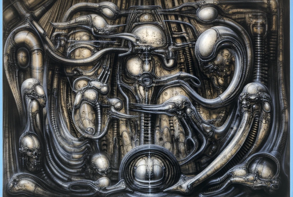 Giger_style, Create biomechanical tableau with some of the artistic techniques and compositional features used in /“The Tourist/” by H r (Hans Rudie) Giger:
The image is a surrealistic artwork featuring an alien robotics humanoid figures, each with a unique design, surrounded with pipes and gears, set against a background of intricate machinery
The central focus of the image is a nightmarish tableau of two biomechanical heads. They are connected by a network of pipes and tubes that appear to be either feeding them or draining them. The heads themselves are elongated and skeletal, with gaping maws. Their eyes are empty sockets, and their expressions are vacant and emotionless.
 Heads are humanoid but industrial and ivorysh, with pipes and wires integrated throughout their structure. One face appears to be screaming, the other has its mouth open like a maw. They are surrounded by various mechanical doodads and tubes, and blend seamlessly into the background of industrial machinery.The biomechanical heads could have represented some kind of alien creatures, or they could have been machines that had become sentient
Used Airbrushing is a technique for applying paint using a device that sprays a fine mist. It is often used to create smooth, even coats of paint, and it can be used to create very detailed effects. Giger's use of airbrushing in this image creates a hyperrealistic quality to the biomechanical landscape, making it appear even more alien and unsettling. It is also often used to create very smooth and even gradients of color.
The use of a dark palette with blacks, purplish browns, and grays creates a sense of mystery and dread. The dark colors obscure the details of the image, making it difficult for the viewer to see what they are looking at. This ambiguity adds to the unsettling nature of the work. The dark colors also help to emphasize the biomechanical elements in the painting.
The background features even more machinery, including pipes, gears, and cables. 