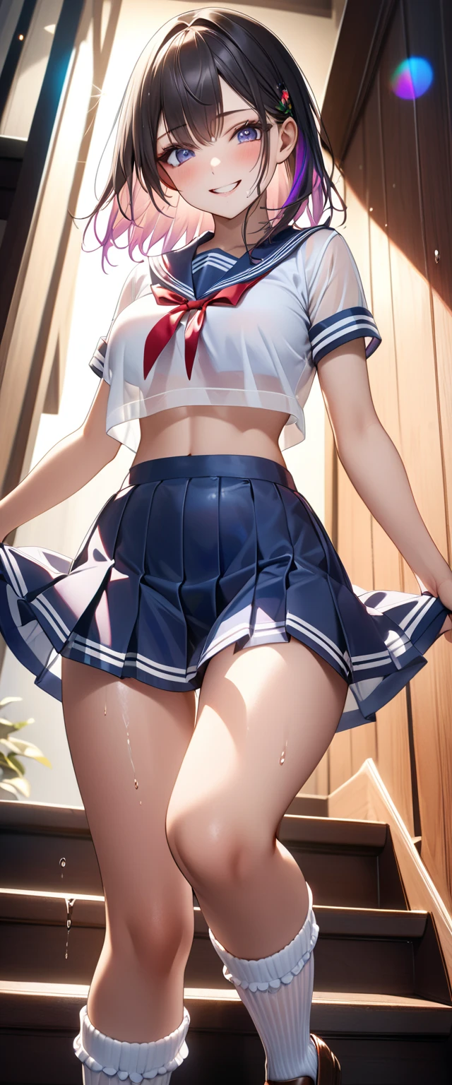 pictures of working women, masutepiece, , 1girll, Shiny skin, Flirting, From above, (Bangs), (full of sweat: 1.3), blur backgroun, Photo of a 20-year-old woman, White panties, (White lace panties), pantie shot, Spread legs, Skirt, School uniform, sox, dark brown hair, The background is blurry, knee high, White shirt, Loafer shoes, Realistic, Lips, Brown eyes, Black socks, tie, Dark blue pleated skirt, Sideways, Brown Footwear, of the highest quality, Ultra Detail, school classrooms, From the angle from below, Glossy glossy skin, Shiny skin, Sweaty thighs, long eyes, Mature and beautiful face, Seductive eyes, Lifting thighs, The light from the back window was backlit., Navy blazer uniform with patch, Curved waist, M Relash),